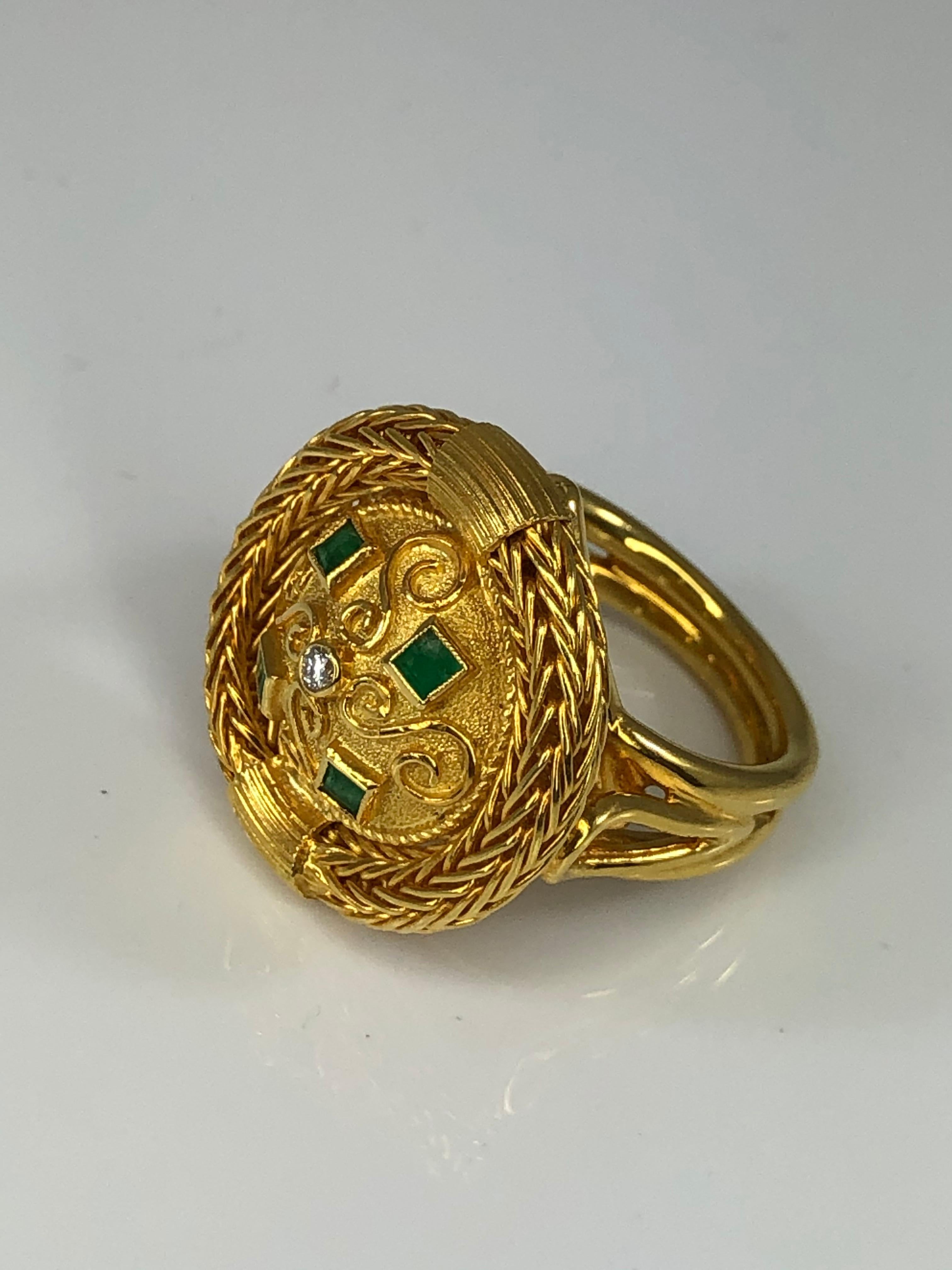 Georgios Collections 18 Karat Yellow Gold Diamond and Emerald Knitted Ring For Sale 1