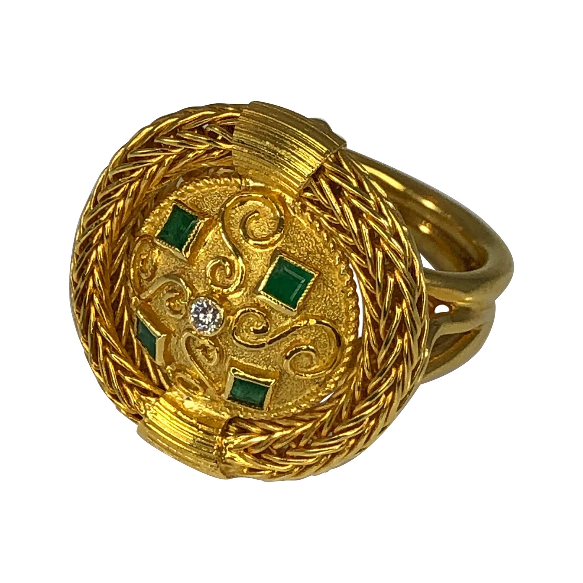 Georgios Collections 18 Karat Yellow Gold Diamond and Emerald Knitted Ring