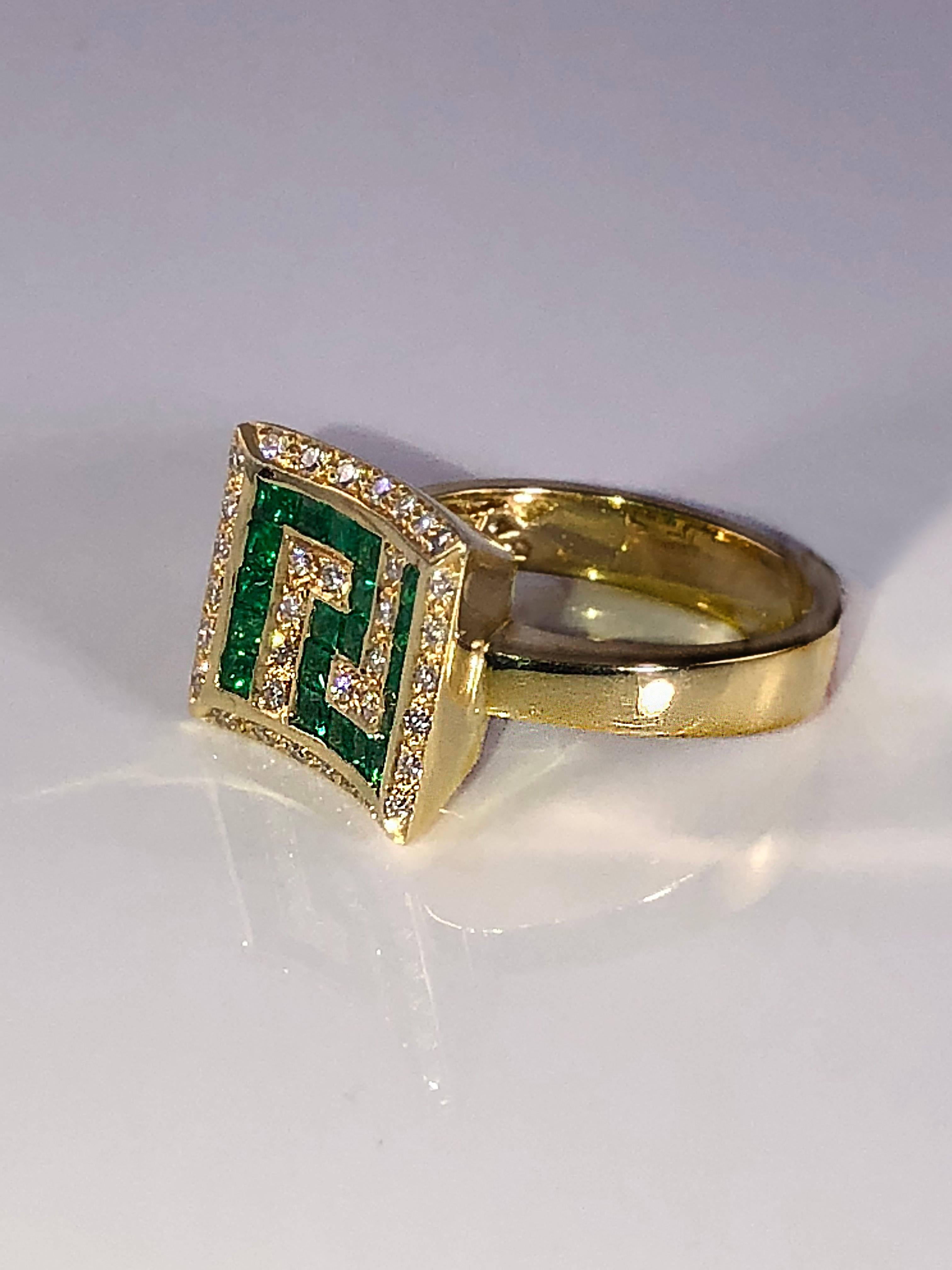 Georgios Collections 18 Karat Yellow Gold Diamond Emerald Greek Key Design Ring In New Condition For Sale In Astoria, NY