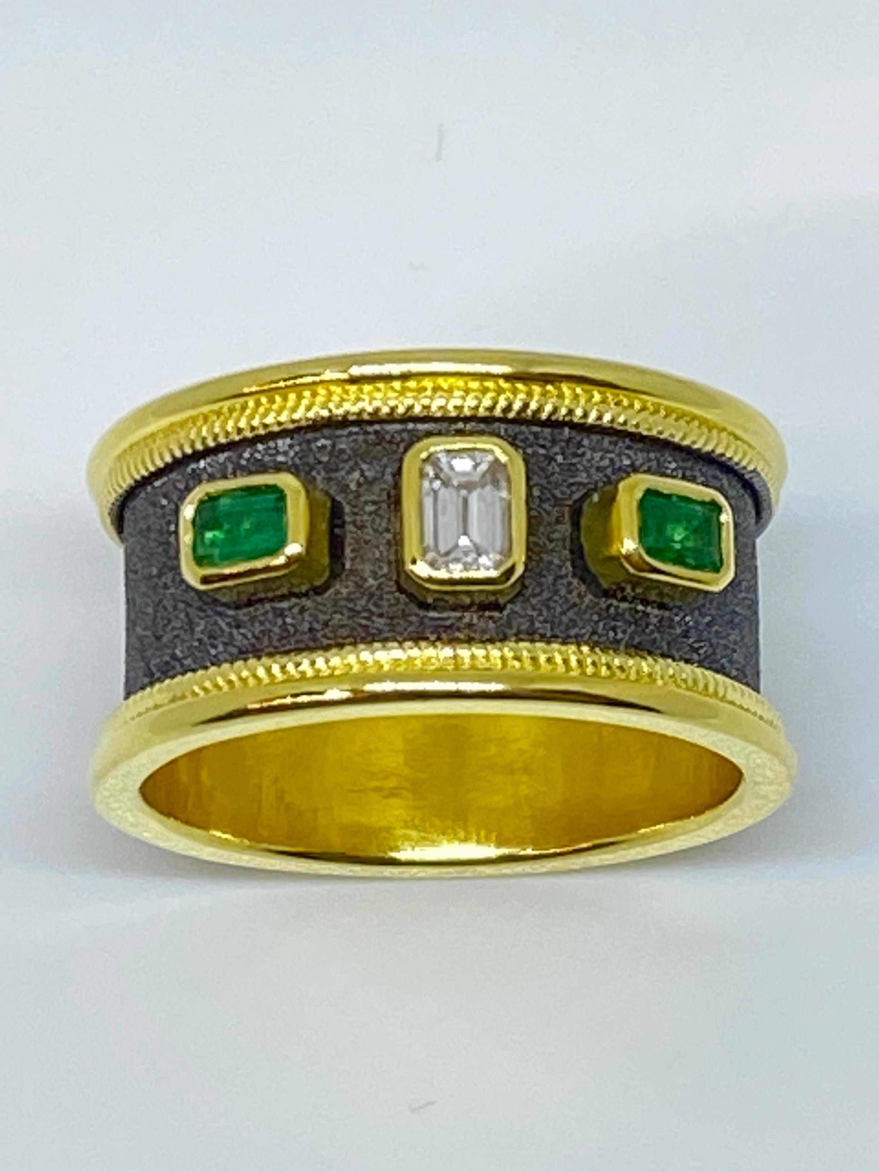 S.Georgios designer Diamond unisex Band Ring is handmade from solid 18 Karat Yellow Gold. The beautiful Yellow Gold Band ring is microscopically decorated all the way around with Byzantine granulation workmanship and finished with a unique velvet