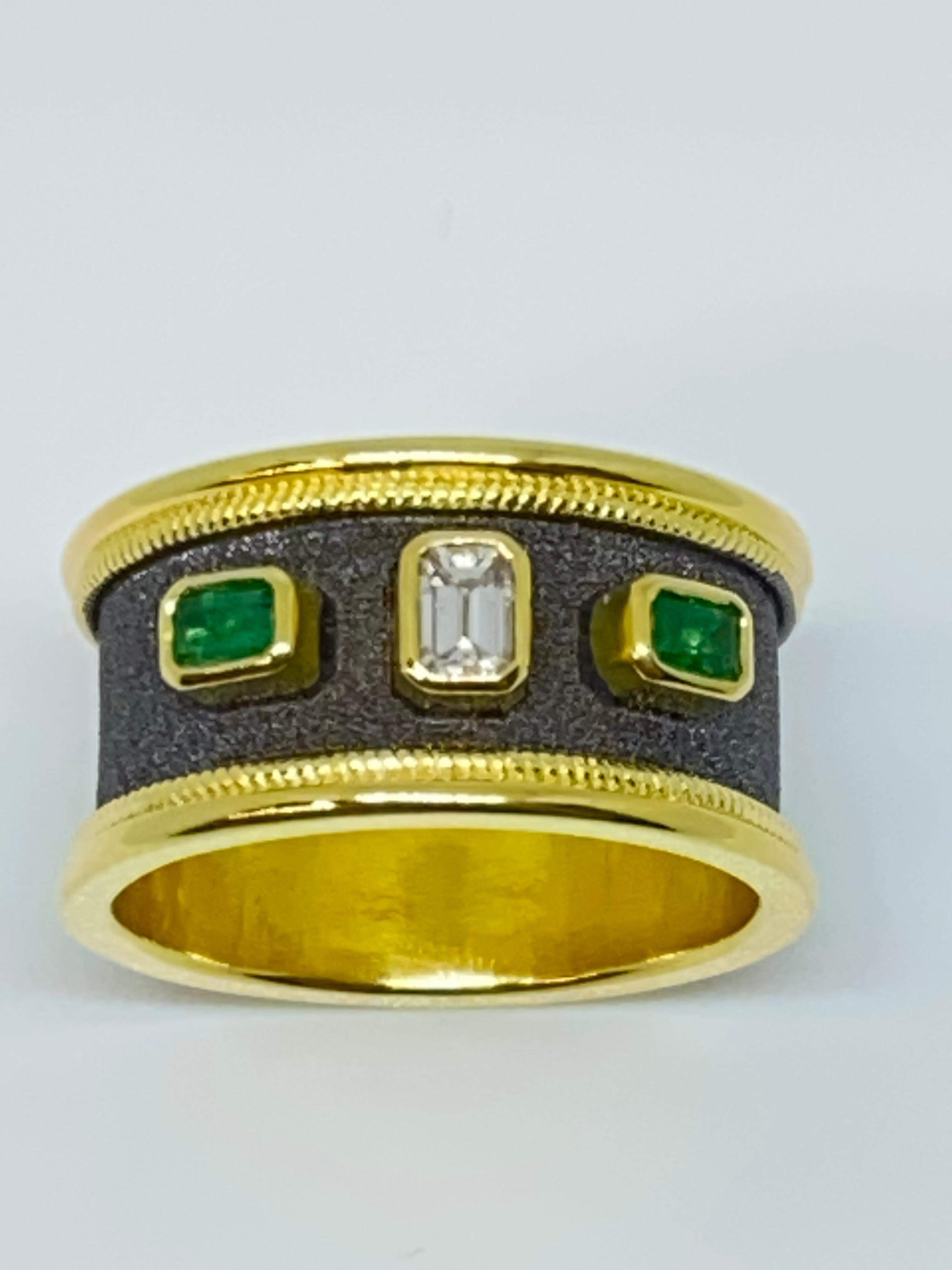 Georgios Collections 18 Karat Yellow Gold Diamond and Emerald Two-Tone Band Ring For Sale 2