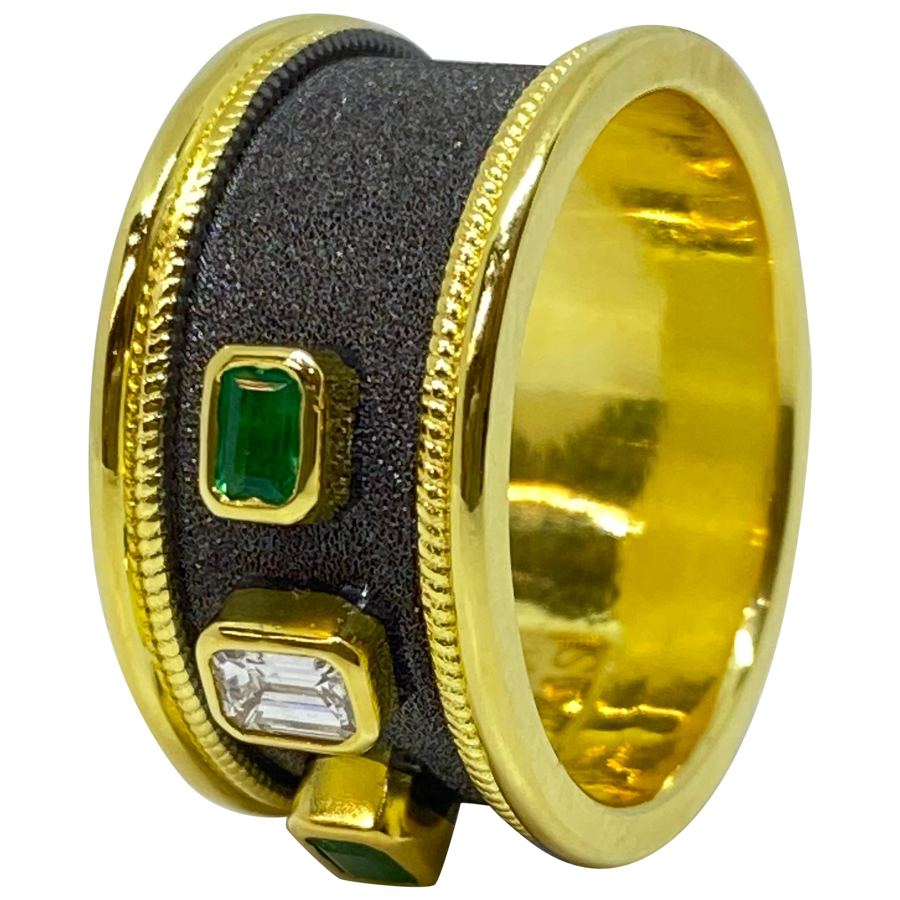Georgios Collections 18 Karat Yellow Gold Diamond and Emerald Two-Tone Band Ring