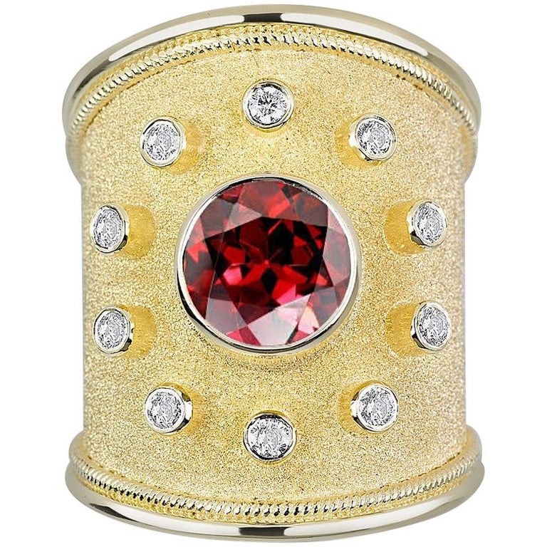 Georgios Collections 18 Karat Yellow Gold Garnet Diamond Thick Wide Band Ring For Sale