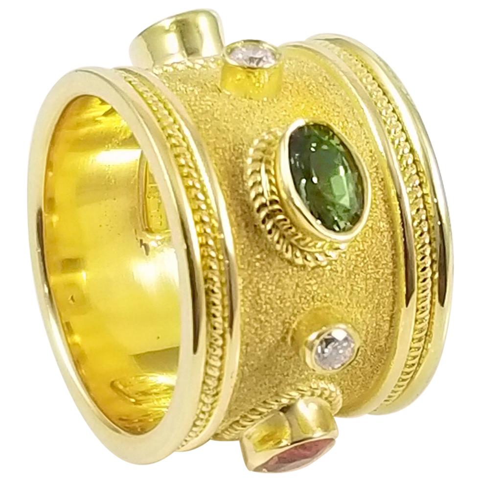 Georgios Collections 18 Karat Yellow Gold Diamond Multi Sapphire Wide Band Ring