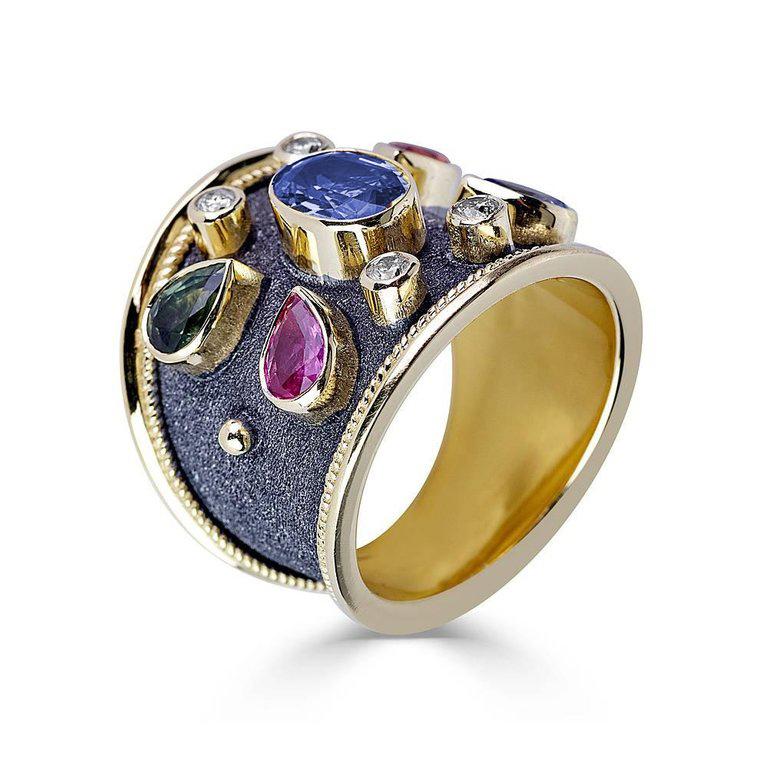 Byzantine Georgios Collections 18 Karat Yellow Gold Diamond and Multi Sapphire Wide Ring For Sale
