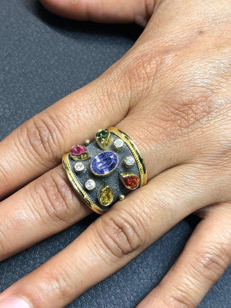 Oval Cut Georgios Collections 18 Karat Yellow Gold Diamond and Multi Sapphire Ring