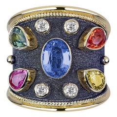 Georgios Collections 18 Karat Yellow Gold Diamond and Multi Sapphire Wide Ring