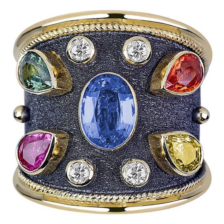 Georgios Collections 18 Karat Yellow Gold  Multicolor Sapphire and Diamond Ring