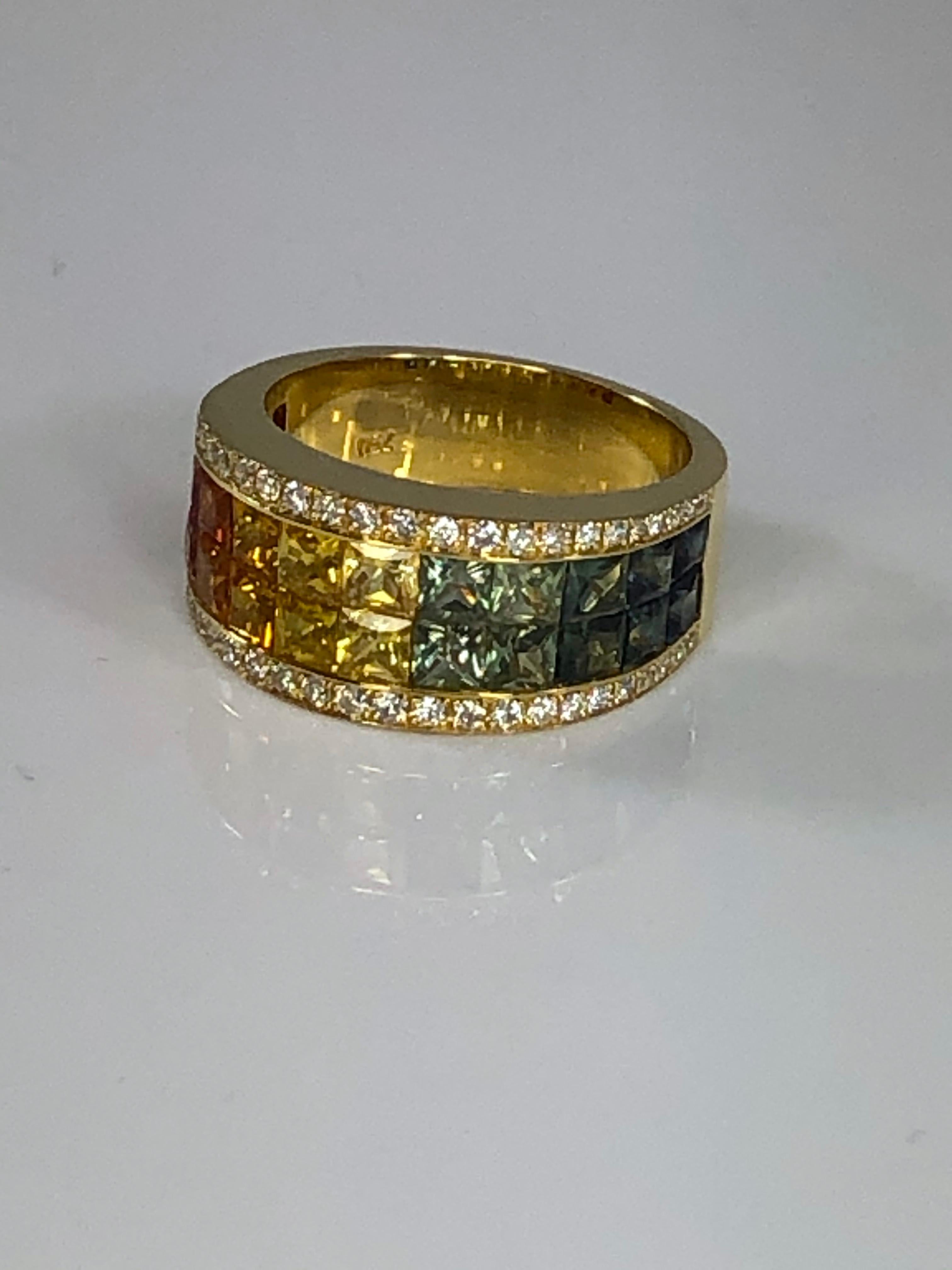 Georgios Collections 18 Karat Yellow Gold Diamond Multi-Color Sapphire Band Ring For Sale 2