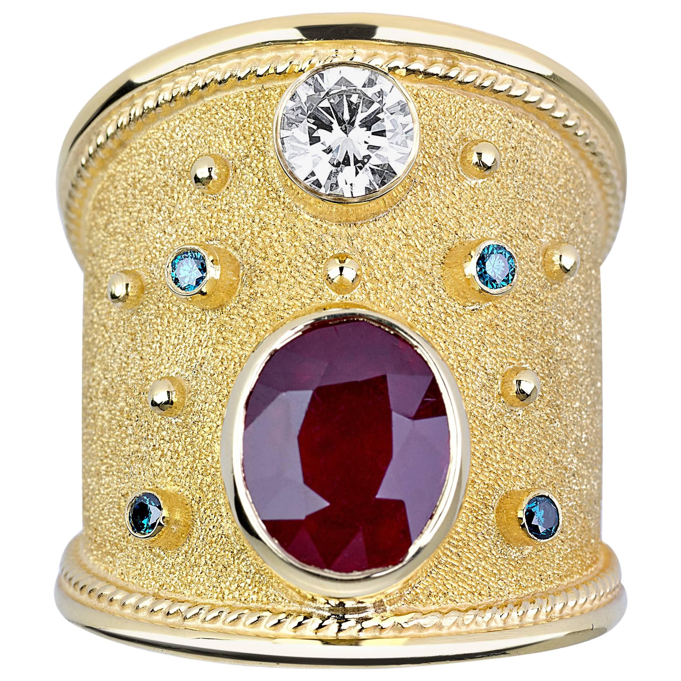 Georgios Collections 18 Karat Yellow Gold Diamond and Ruby Wide Band Ring