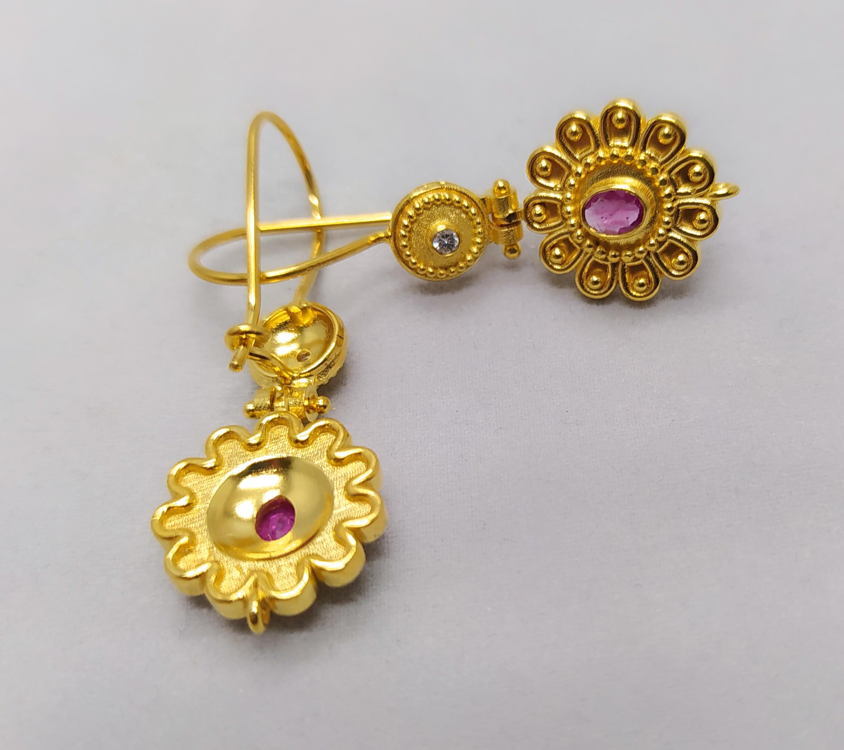 Georgios Collections 18 Karat Yellow Gold Diamond and Ruby Floral Drop Earrings For Sale 4