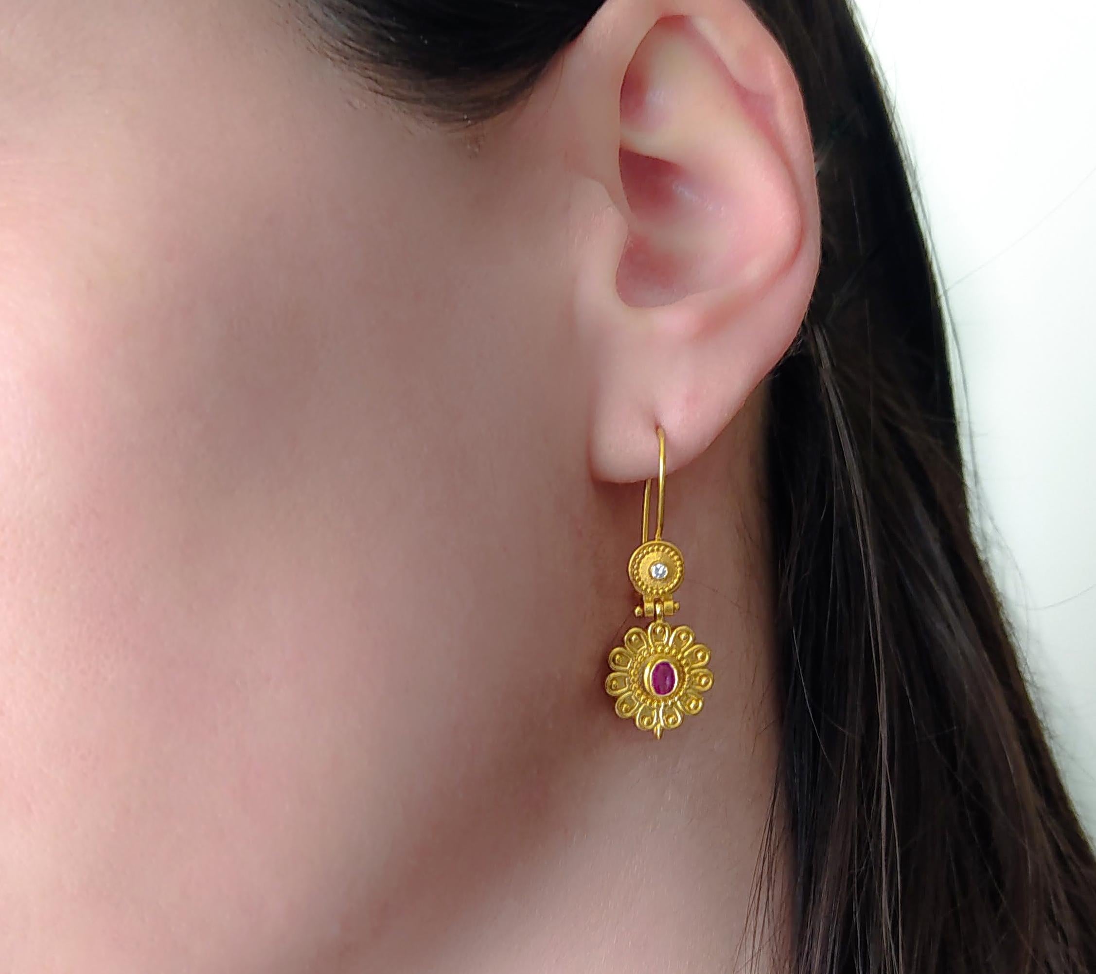 Byzantine Georgios Collections 18 Karat Yellow Gold Diamond and Ruby Floral Drop Earrings For Sale