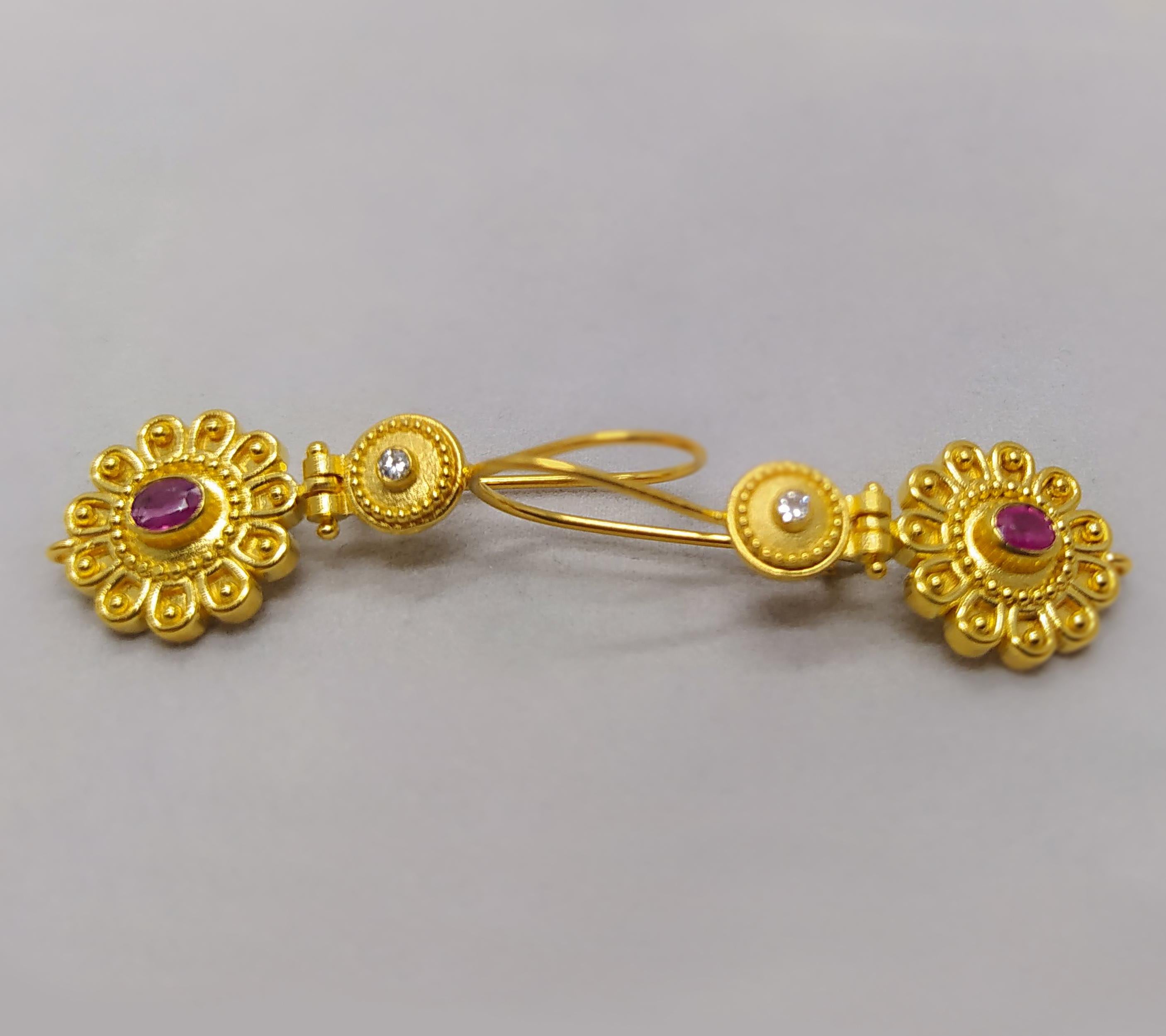Georgios Collections 18 Karat Yellow Gold Diamond and Ruby Floral Drop Earrings For Sale 2