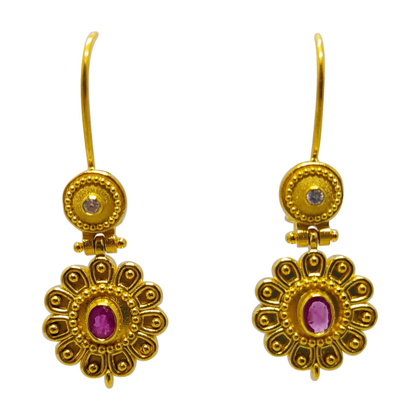 Georgios Collections 18 Karat Yellow Gold Diamond and Ruby Floral Drop Earrings For Sale