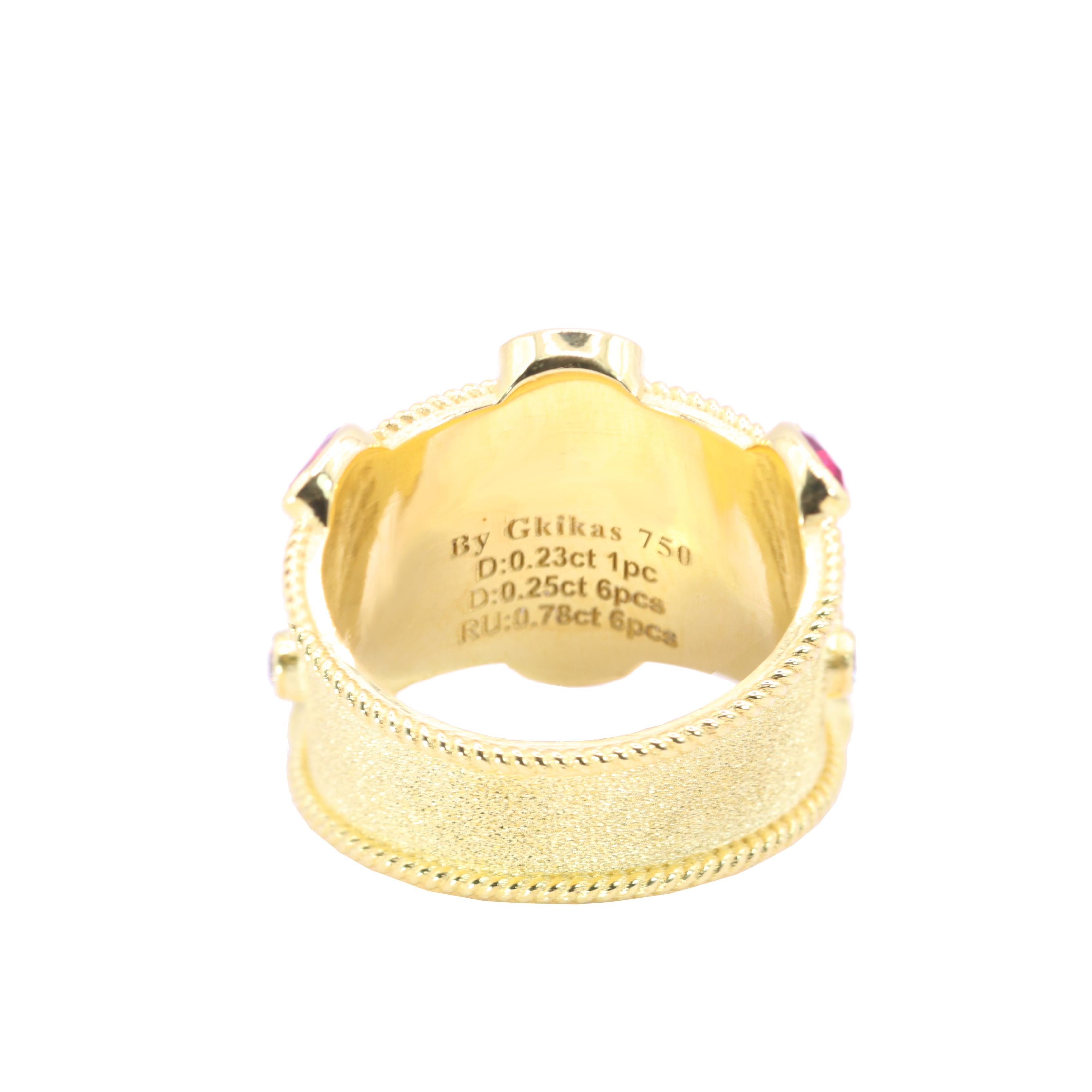 Georgios Collections Anillo de oro amarillo de 18 quilates con diamantes y rubí granulado Corte marquesa en venta