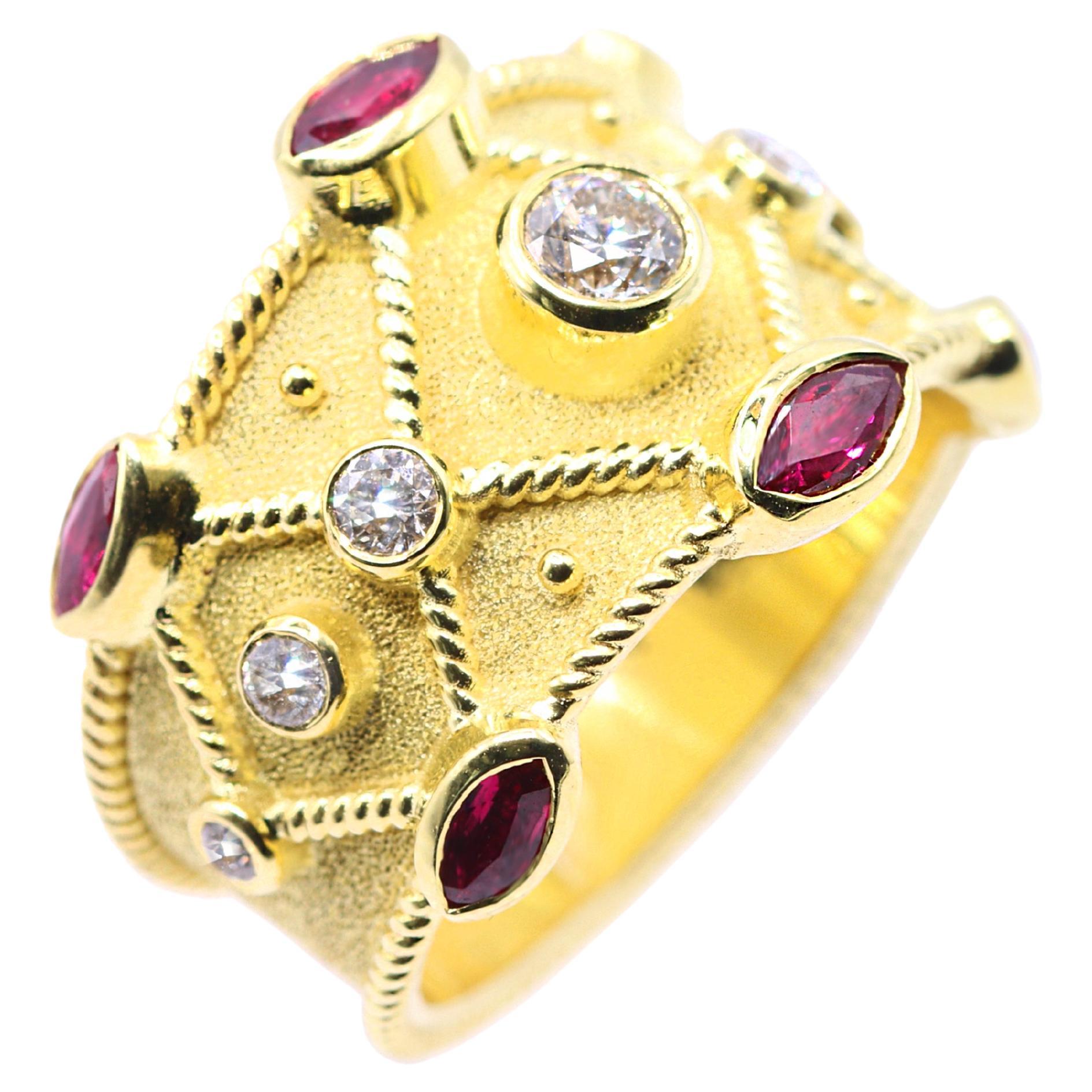 Georgios Collections Anillo de oro amarillo de 18 quilates con diamantes y rubí granulado en venta