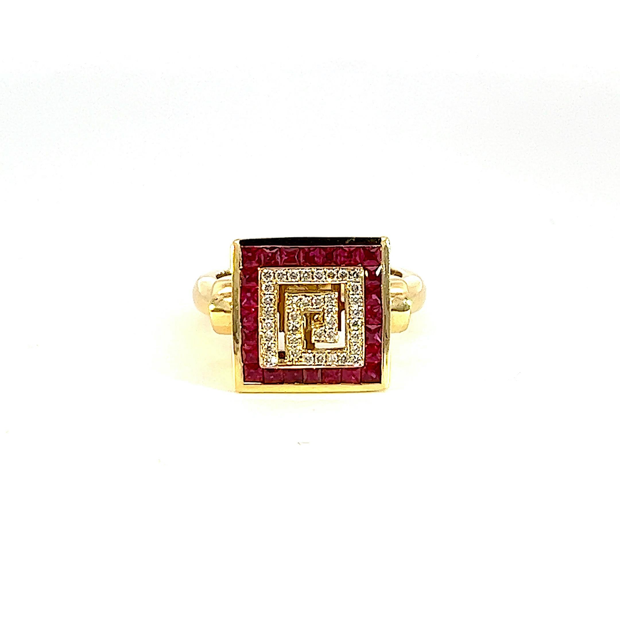 Georgios Collections 18 Karat Yellow Gold Diamond and Ruby Greek Key Design Ring For Sale 5