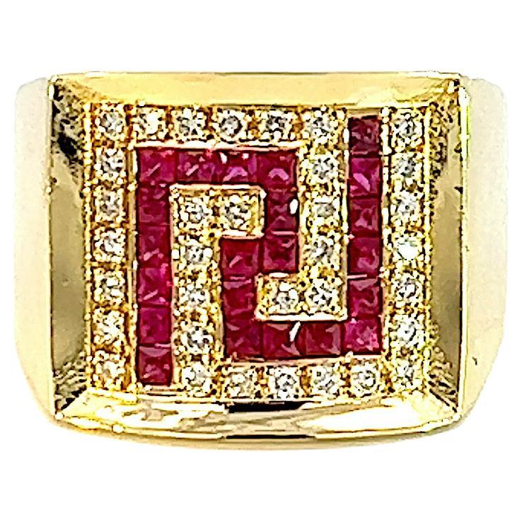 Classical Greek Georgios Collections 18 Karat Yellow Gold Diamond and Ruby Greek Key Design Ring For Sale