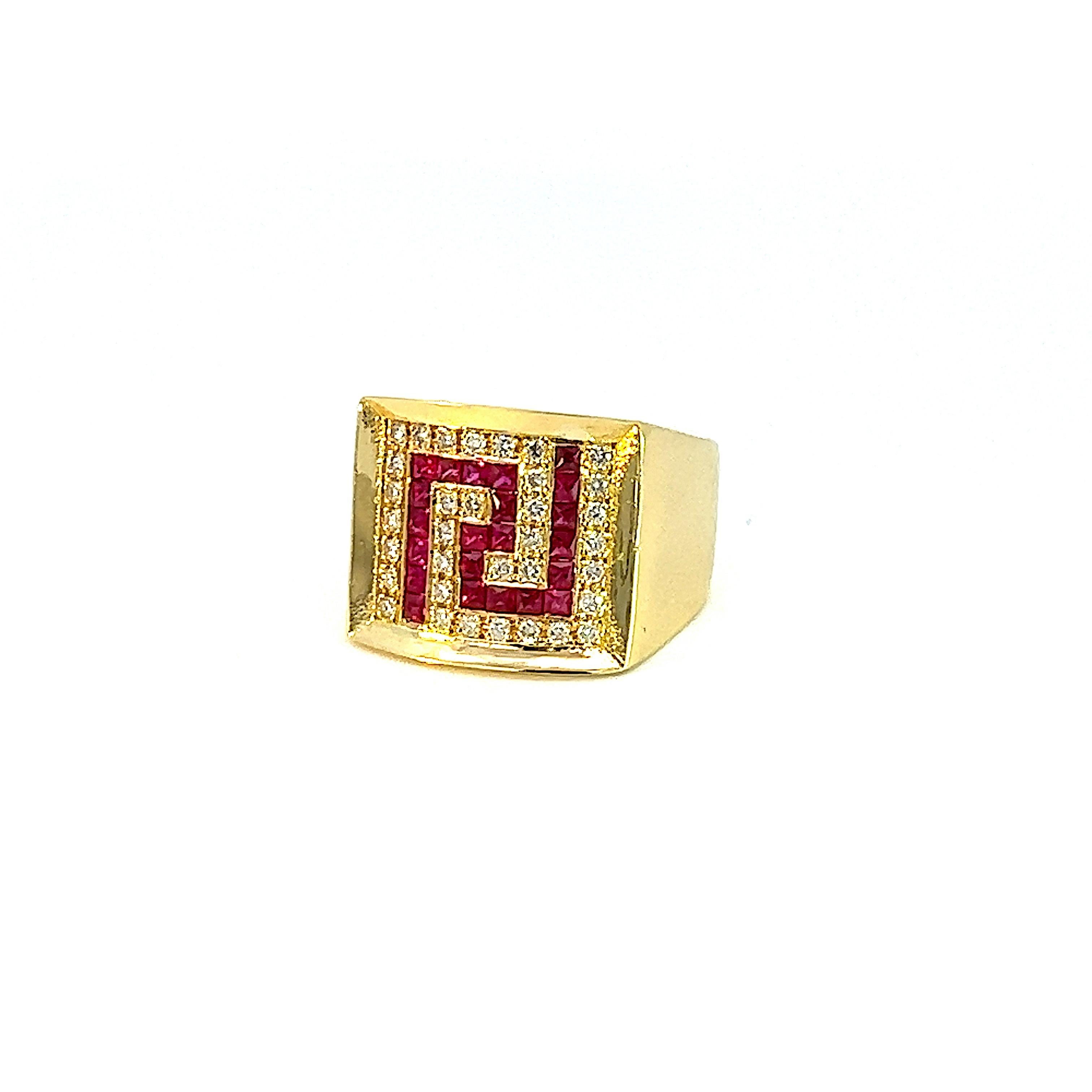 Georgios Collections 18 Karat Yellow Gold Diamond and Ruby Greek Key Design Ring In New Condition For Sale In Astoria, NY