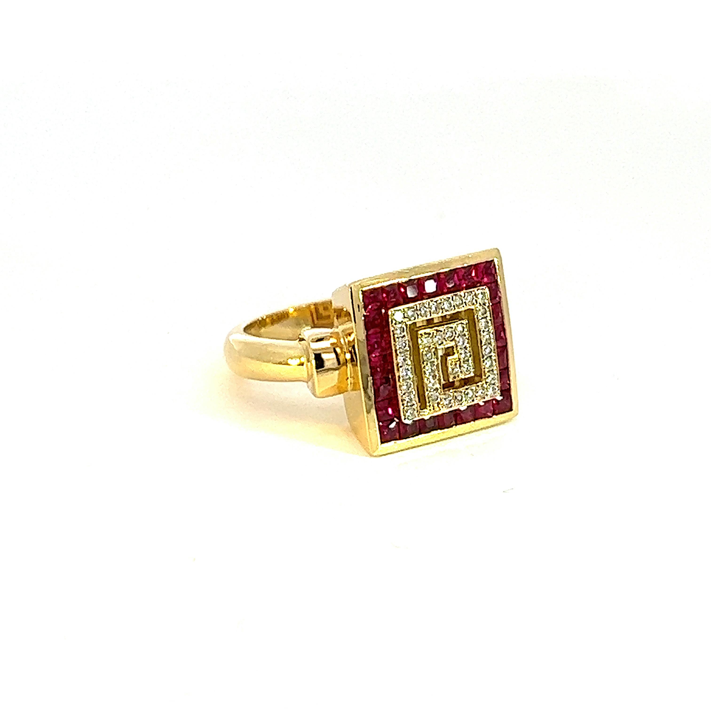 Women's or Men's Georgios Collections 18 Karat Yellow Gold Diamond and Ruby Greek Key Design Ring For Sale