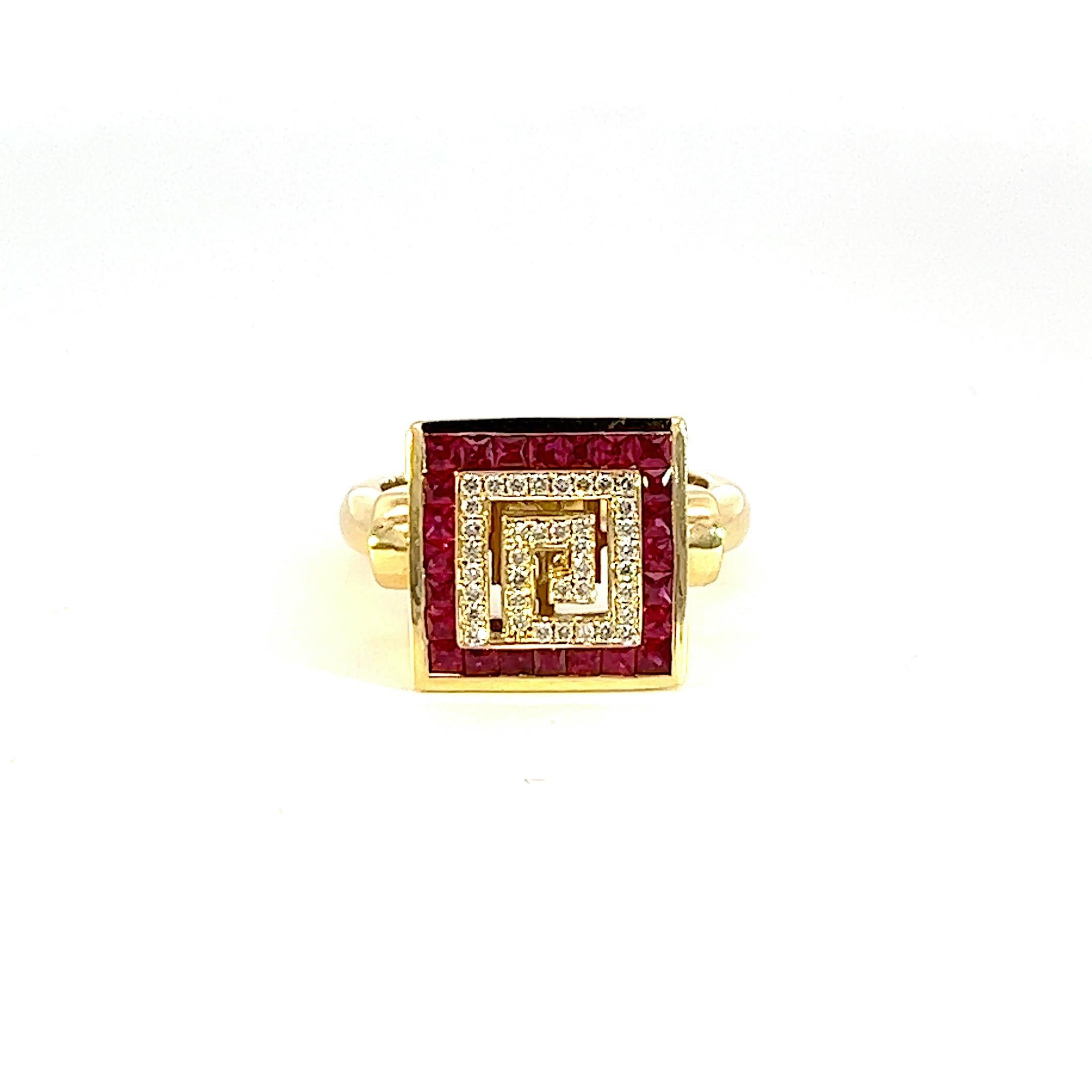 Georgios Collections 18 Karat Yellow Gold Diamond and Ruby Greek Key Design Ring For Sale 1