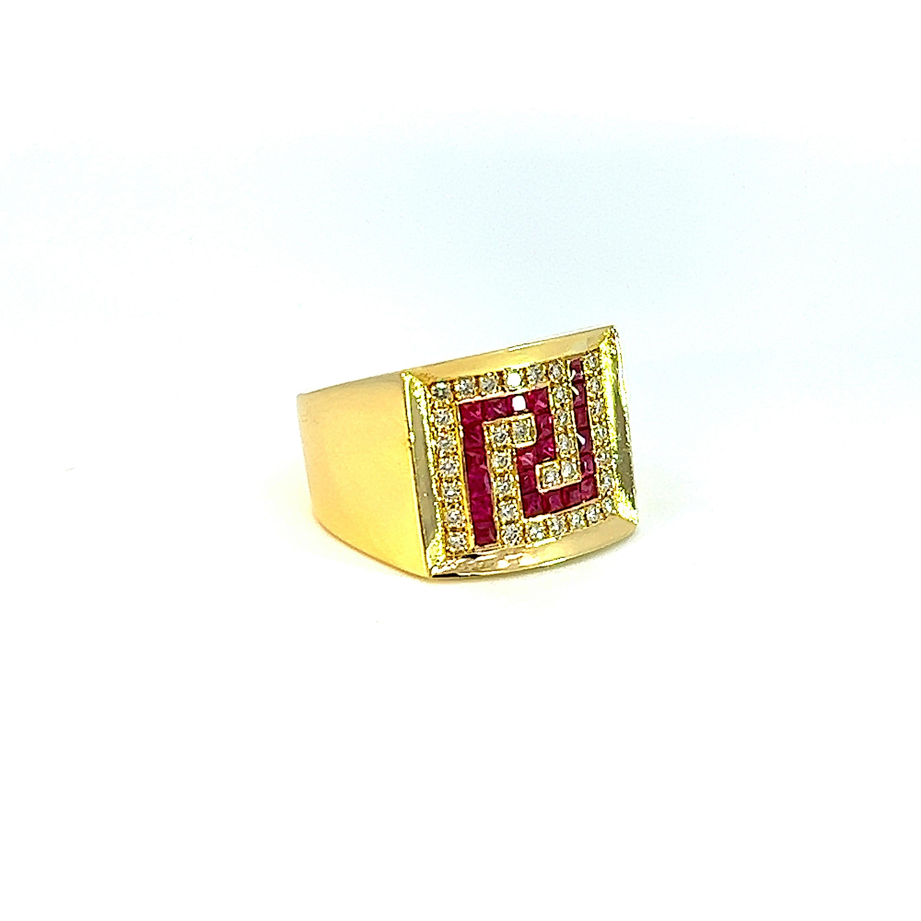 Bague à motif de clé grecque Georgios Collections en or jaune 18 carats, diamant et rubis en vente 3