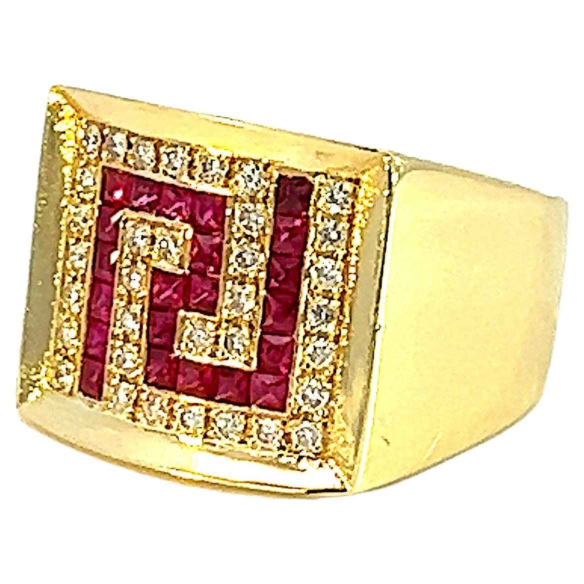 Georgios Collections 18 Karat Yellow Gold Diamond and Ruby Greek Key Design Ring