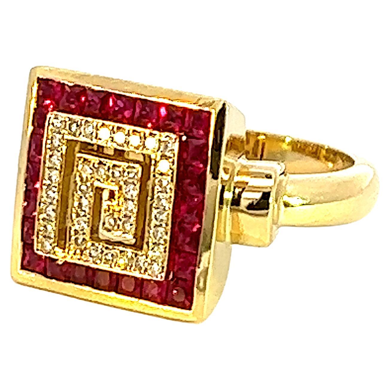 Georgios Collections 18 Karat Yellow Gold Diamond and Ruby Greek Key Design Ring For Sale
