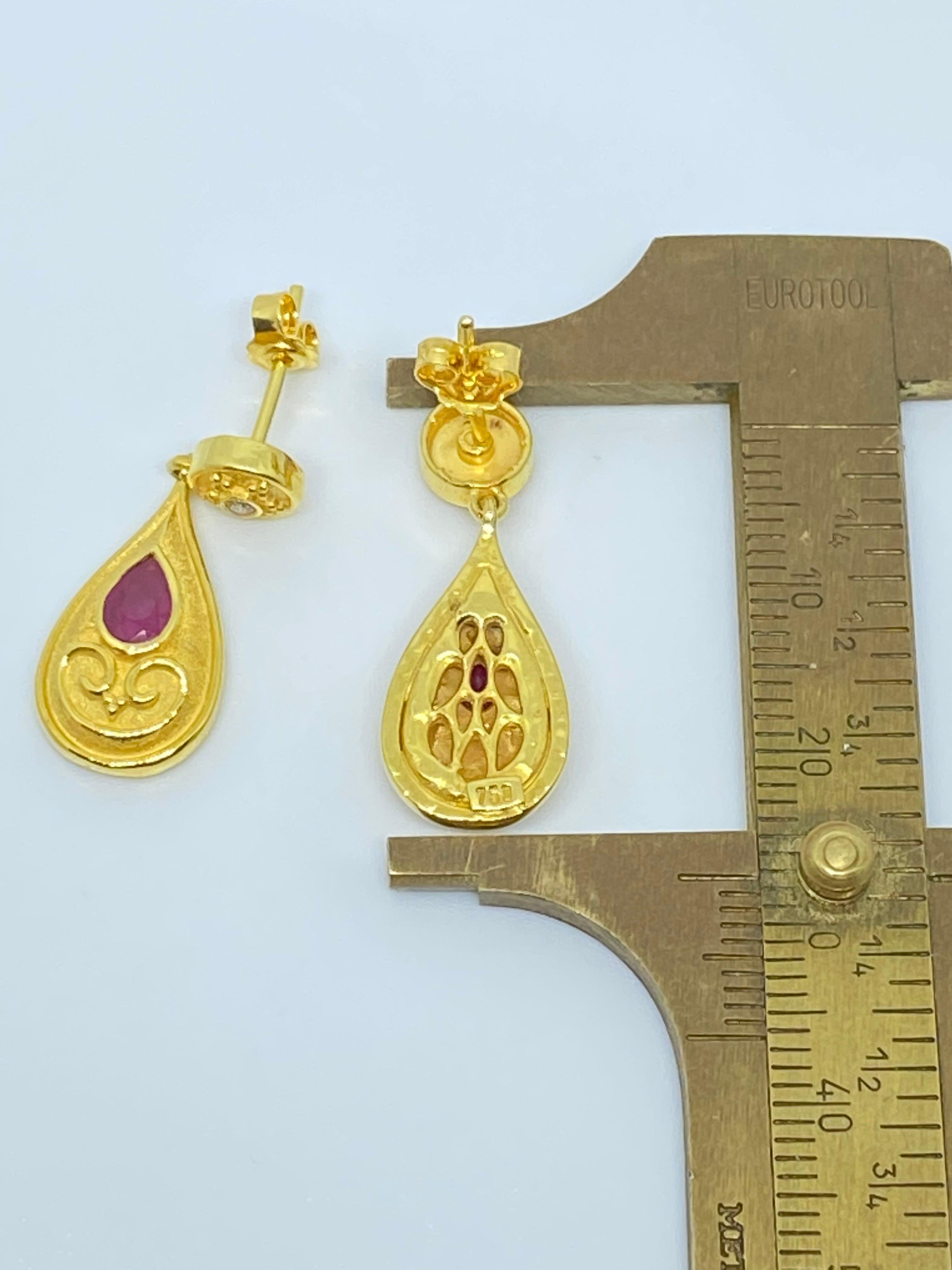 Georgios Collections 18 Karat Yellow Gold Diamond and Ruby Pear Drop Earrings For Sale 4