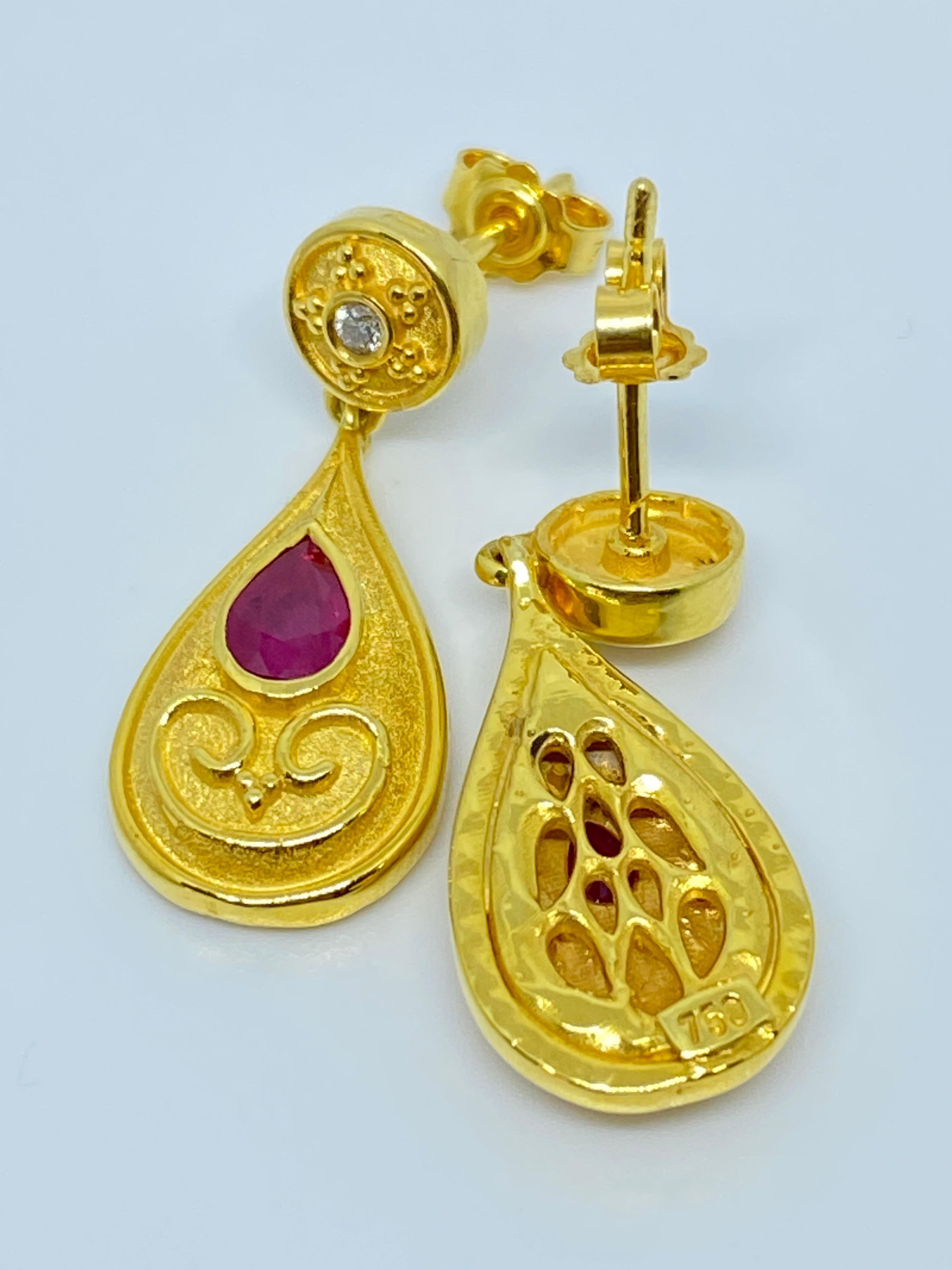 Byzantine Georgios Collections 18 Karat Yellow Gold Diamond and Ruby Pear Drop Earrings For Sale