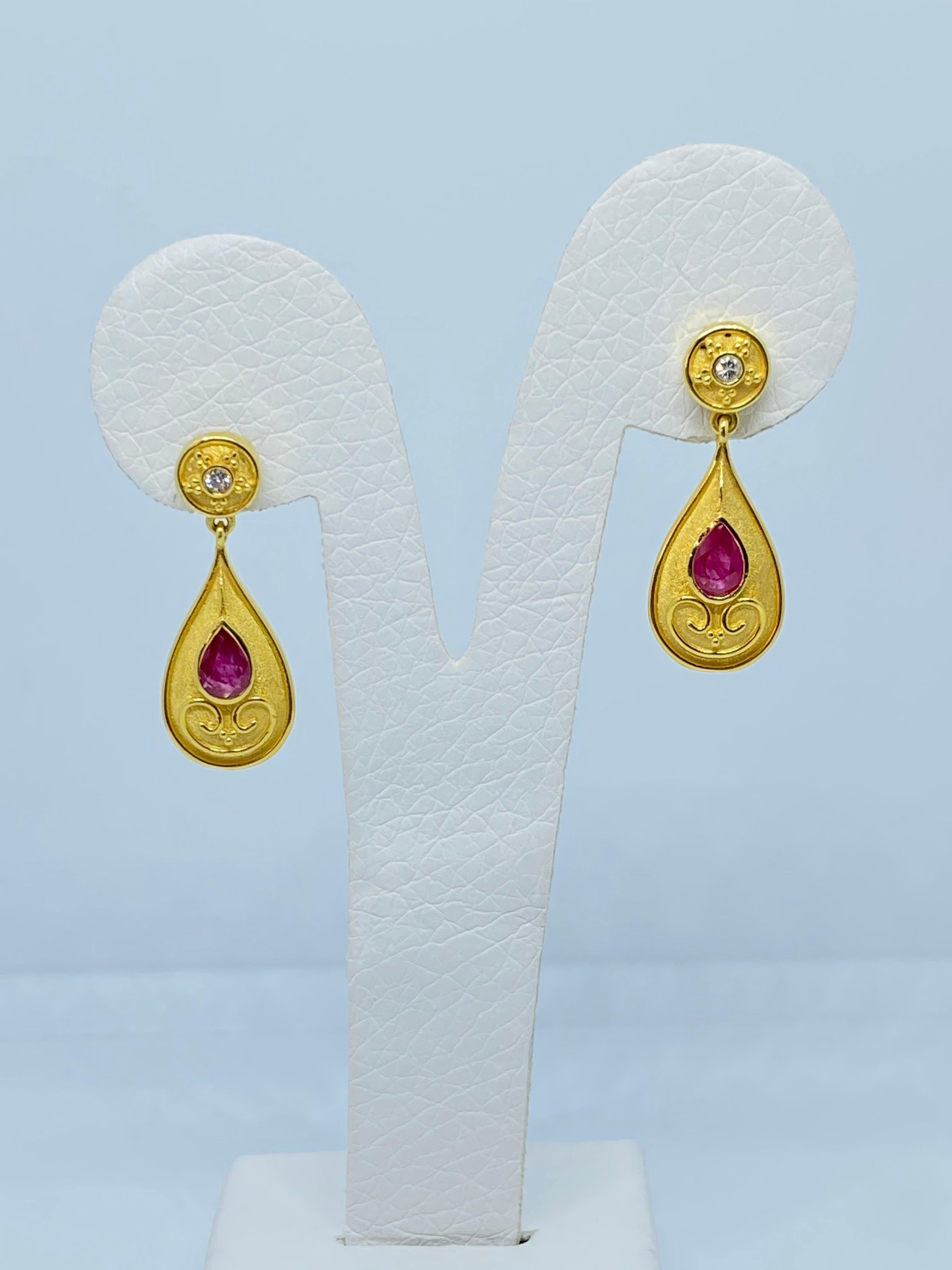 Georgios Collections 18 Karat Yellow Gold Diamond and Ruby Pear Drop Earrings In New Condition For Sale In Astoria, NY