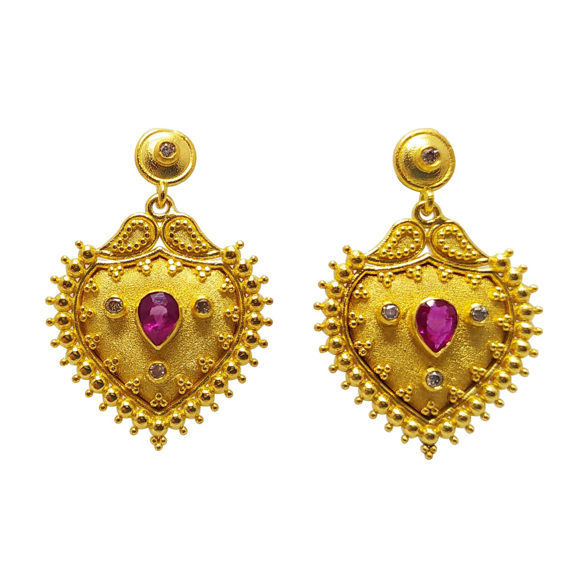 Georgios Collections 18 Karat Yellow Gold Diamond and Ruby Stud Drop Earrings