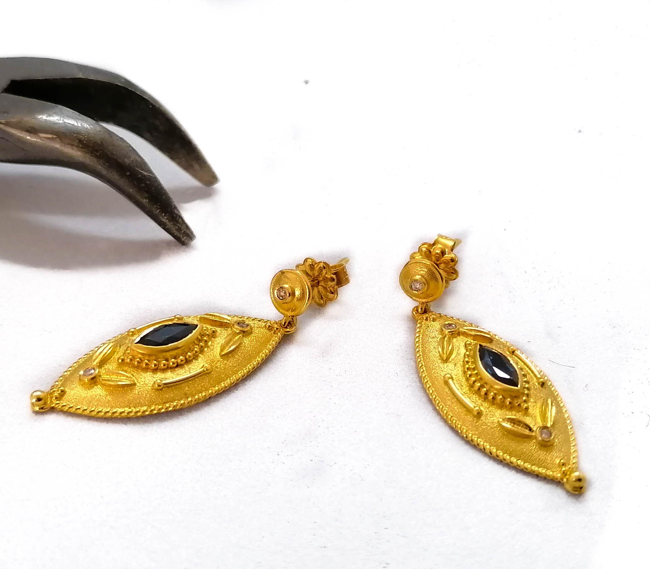 Byzantine Georgios Collections 18 Karat Yellow Gold Diamond and Sapphire Drop Earrings