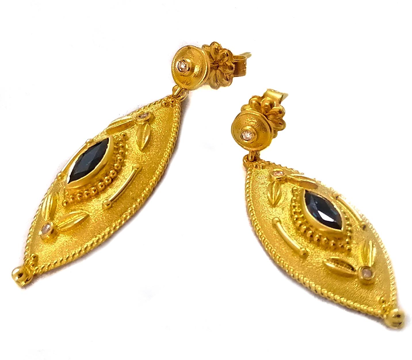 Women's Georgios Collections 18 Karat Yellow Gold Diamond and Sapphire Drop Earrings
