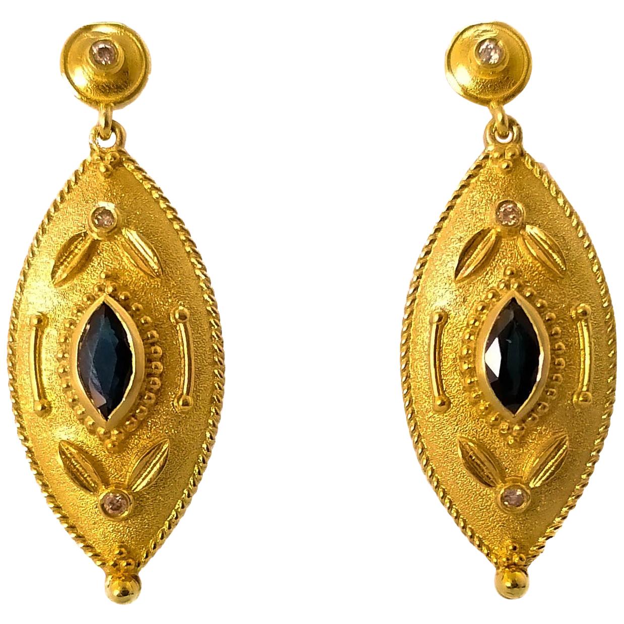 Georgios Collections 18 Karat Yellow Gold Diamond and Sapphire Drop Earrings