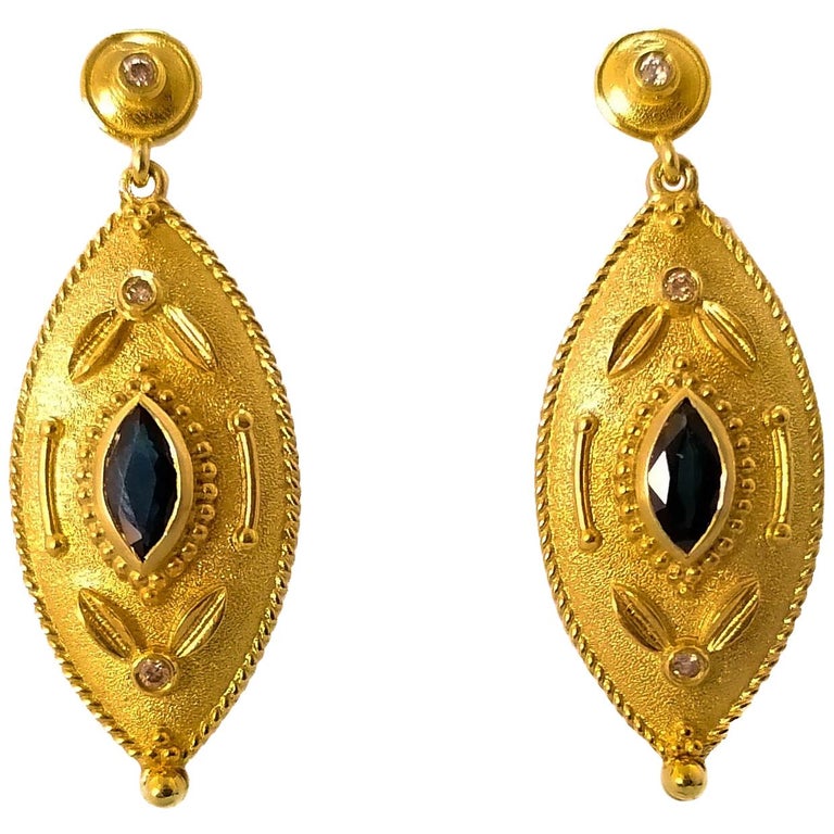 Georgios Collections 18 Karat Yellow Gold Diamond and Sapphire Drop Earrings For Sale