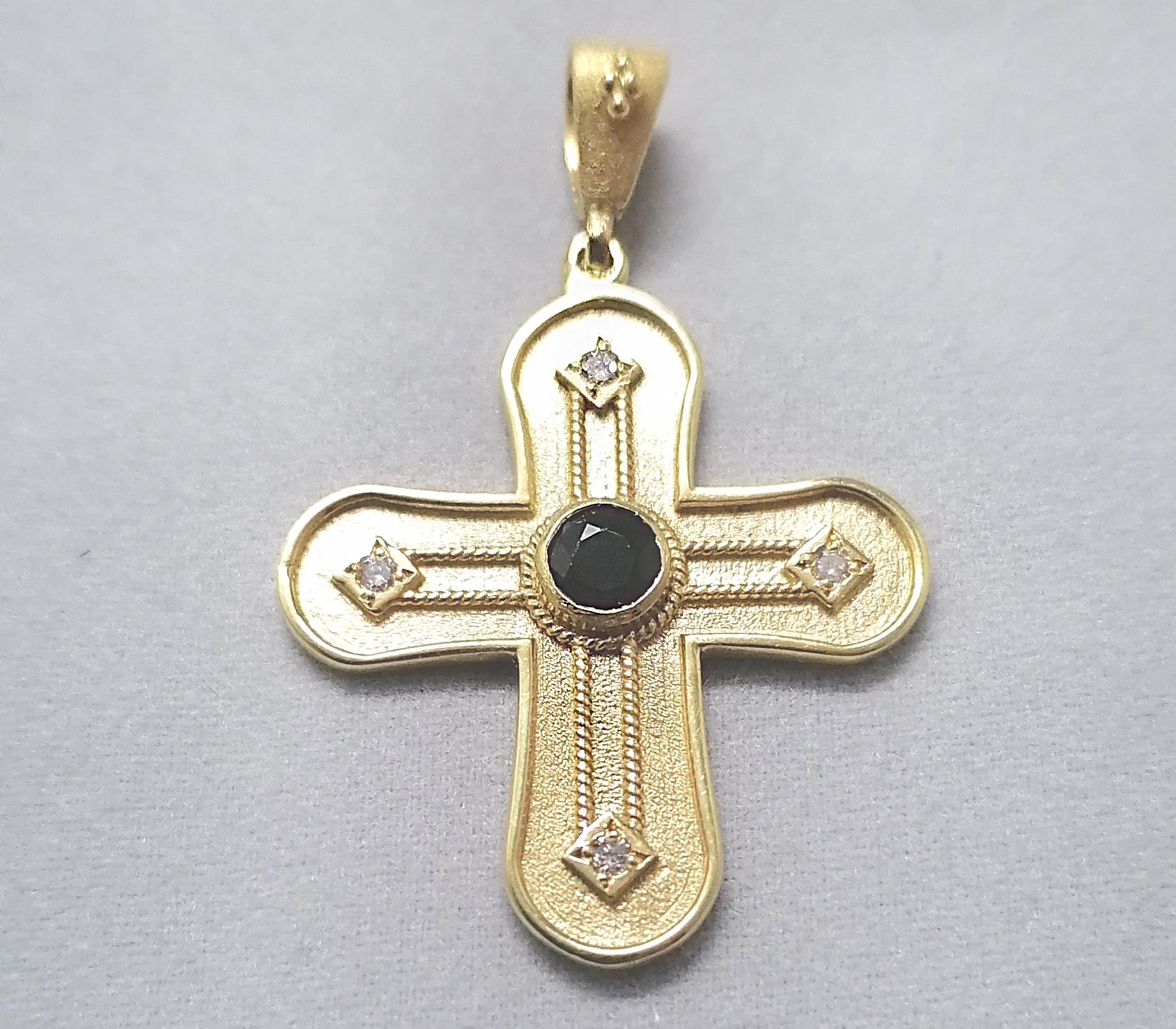 Women's or Men's Georgios Collections 18 Karat Yellow Gold Diamond and Sapphire Geometric Cross For Sale