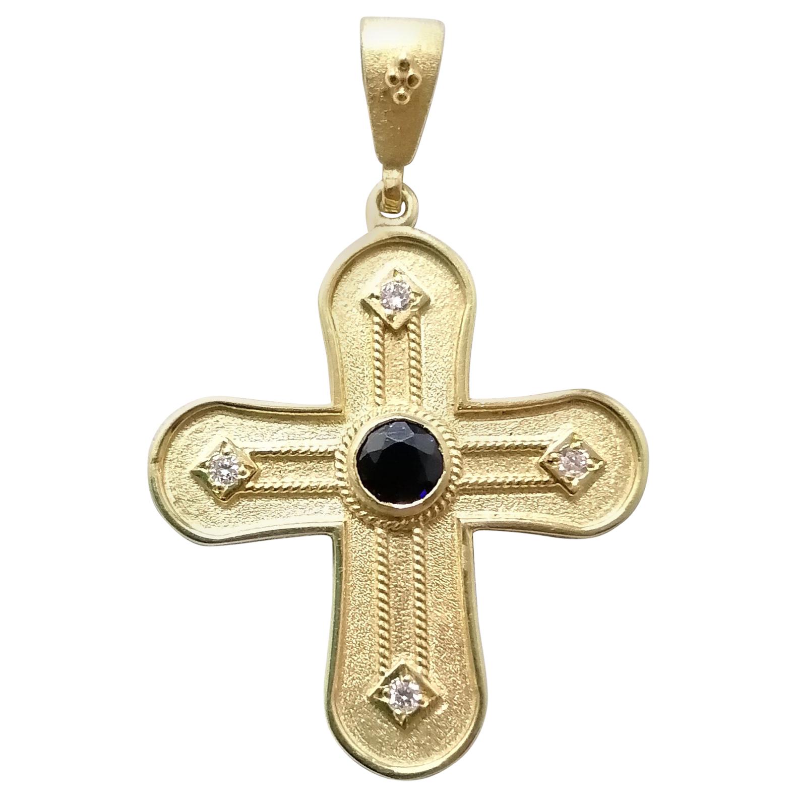 Georgios Collections 18 Karat Yellow Gold Diamond and Sapphire Geometric Cross
