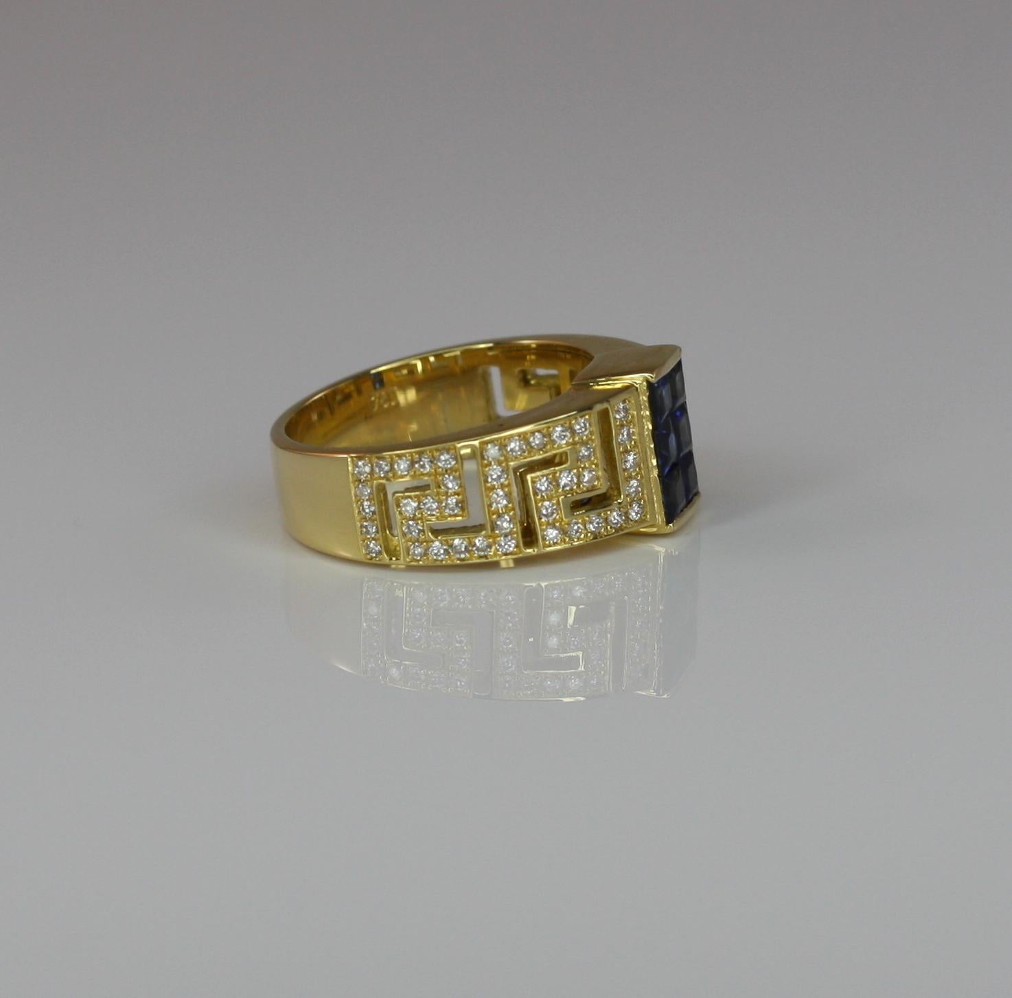 Princess Cut Georgios Collections 18 Karat Yellow Gold Diamond and Sapphire Greek Key Ring  For Sale