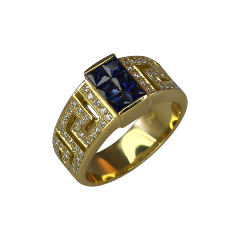 Georgios Collections 18 Karat Yellow Gold Diamond and Sapphire Greek Key Ring  For Sale