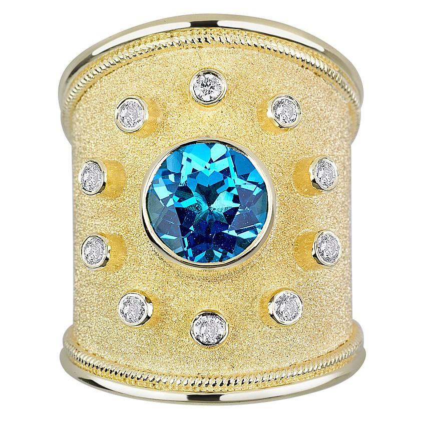 Georgios Collections 18 Karat Yellow Gold Diamond and Sky Blue Topaz Thick Ring  For Sale