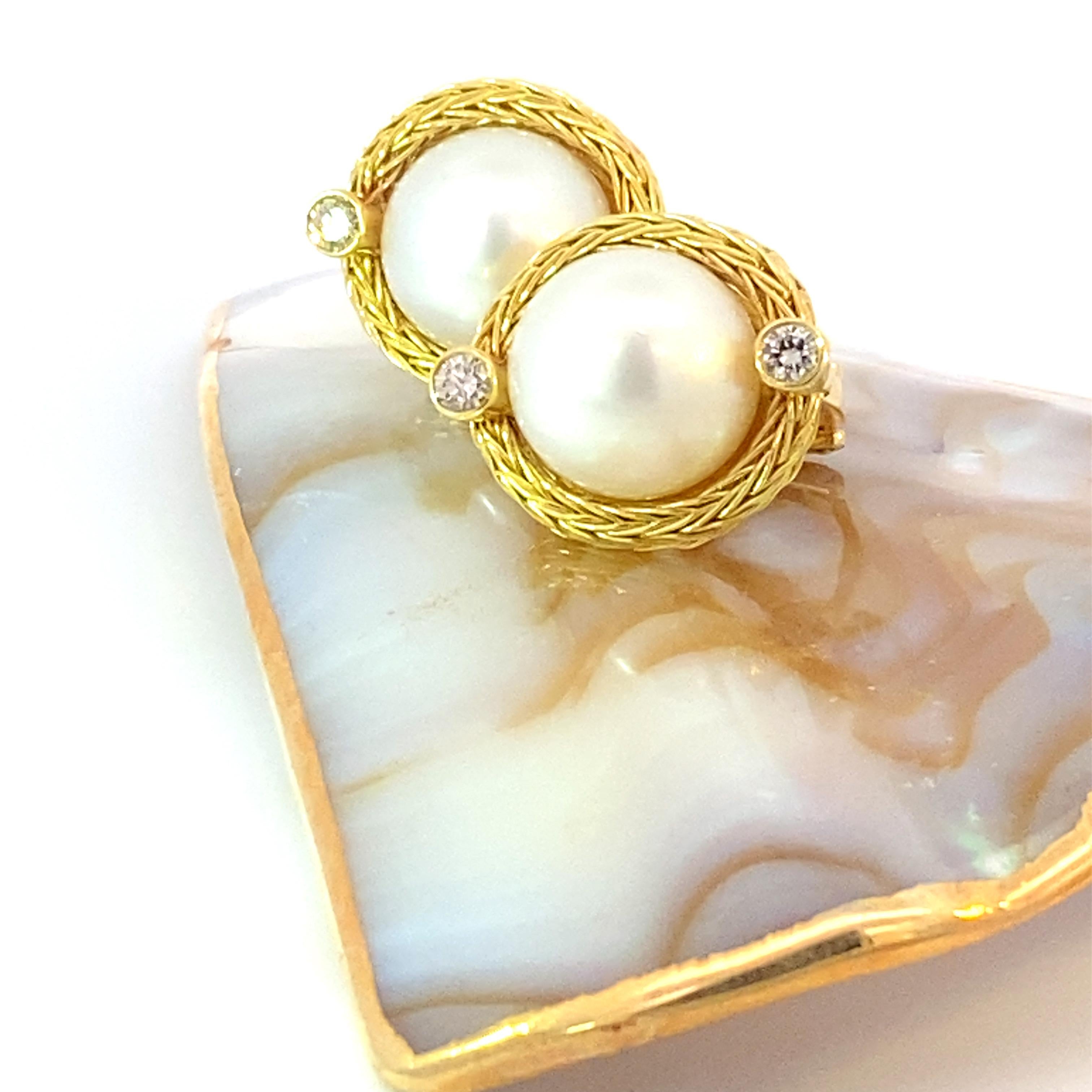 Byzantine Georgios Collections 18 Karat Yellow Gold Diamond and South Sea Pearl Earrings For Sale