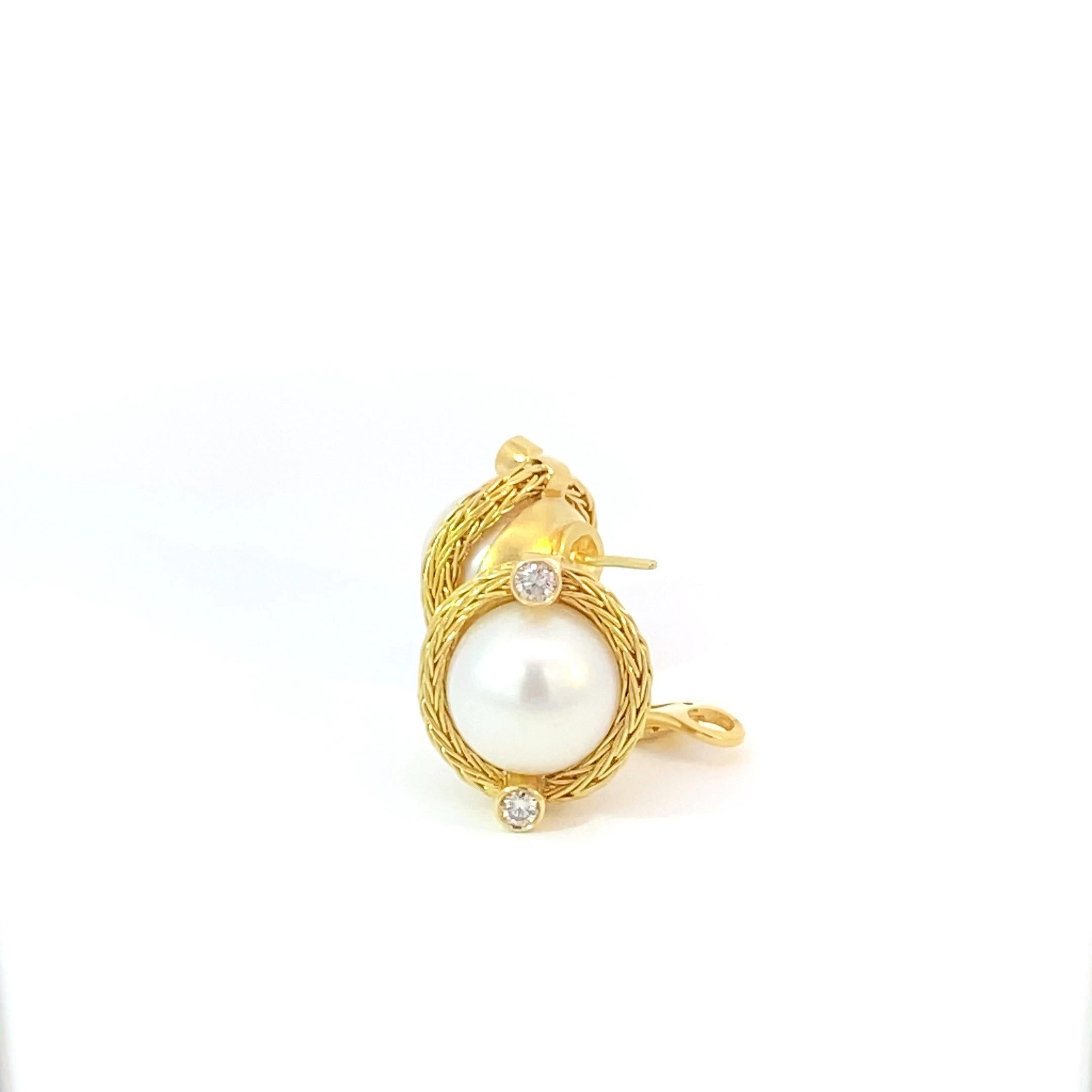 Round Cut Georgios Collections 18 Karat Yellow Gold Diamond and South Sea Pearl Earrings For Sale