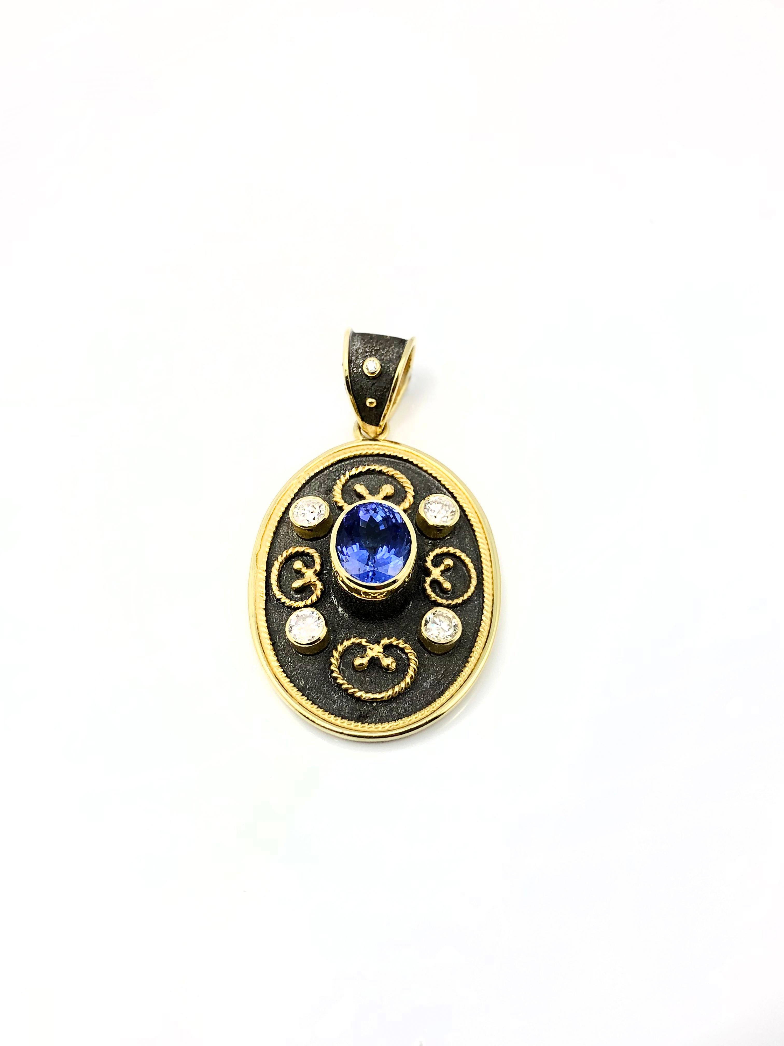 S.Georgios designer pendant is handmade from solid 18 Karat Yellow Gold and all custom-made. This stunning Oval pendant is microscopically decorated with granulation details - beads and wires, contrast with a unique byzantine velvet background