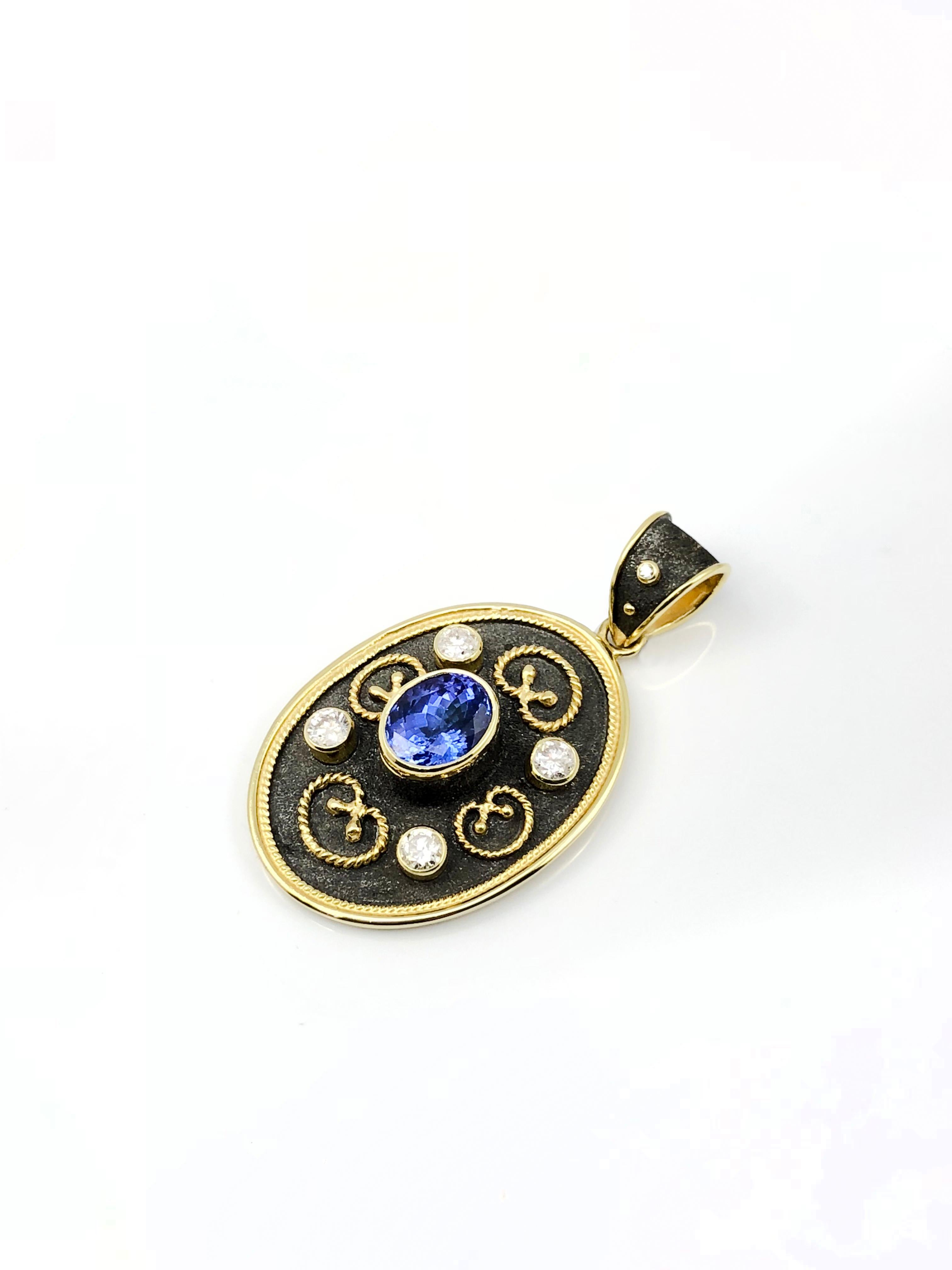 Byzantine Georgios Collections 18 Karat Yellow Gold Tanzanite and Diamond Pendant Necklace For Sale