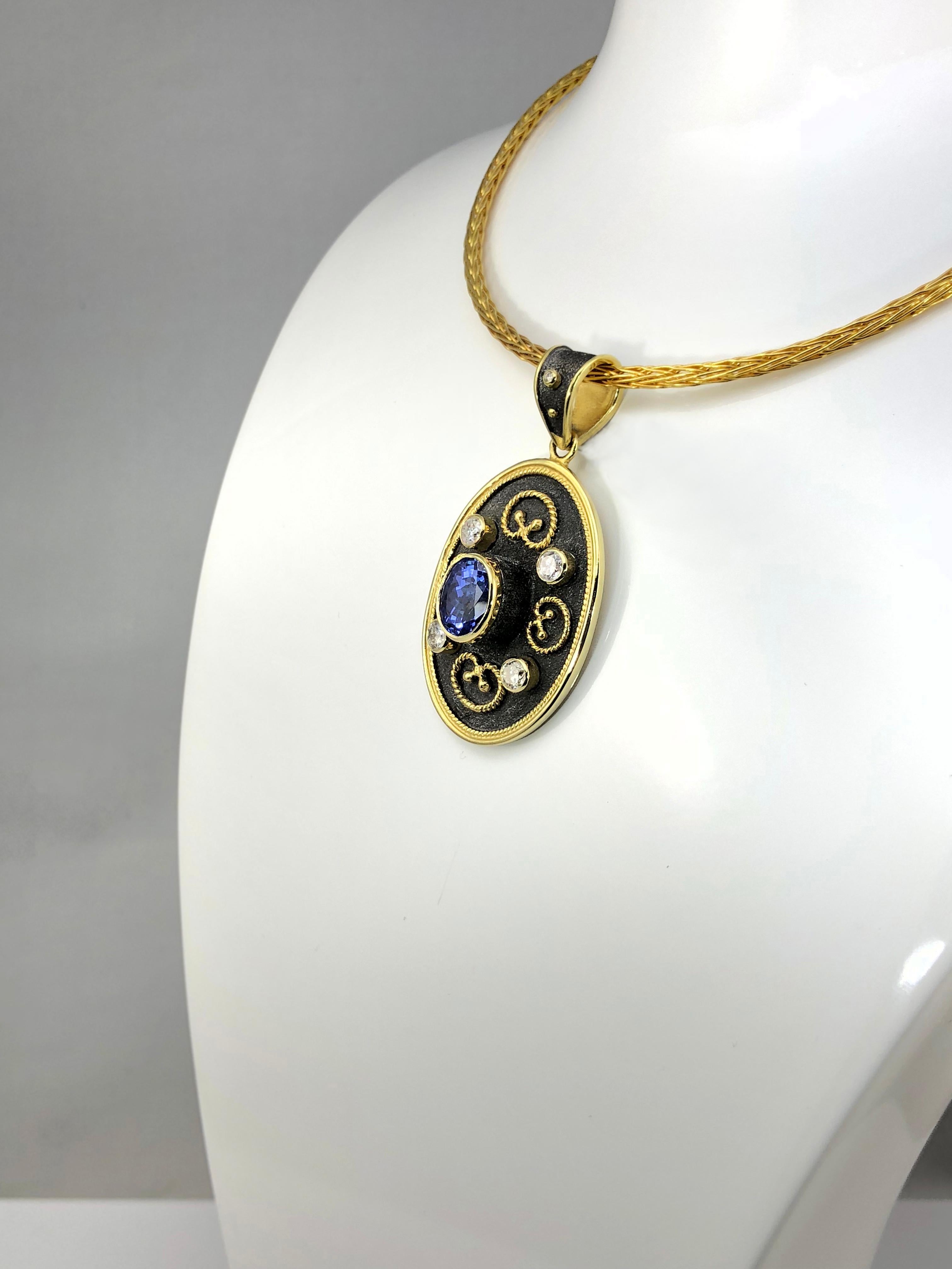 Georgios Collections 18 Karat Yellow Gold Tanzanite and Diamond Pendant Necklace In New Condition For Sale In Astoria, NY