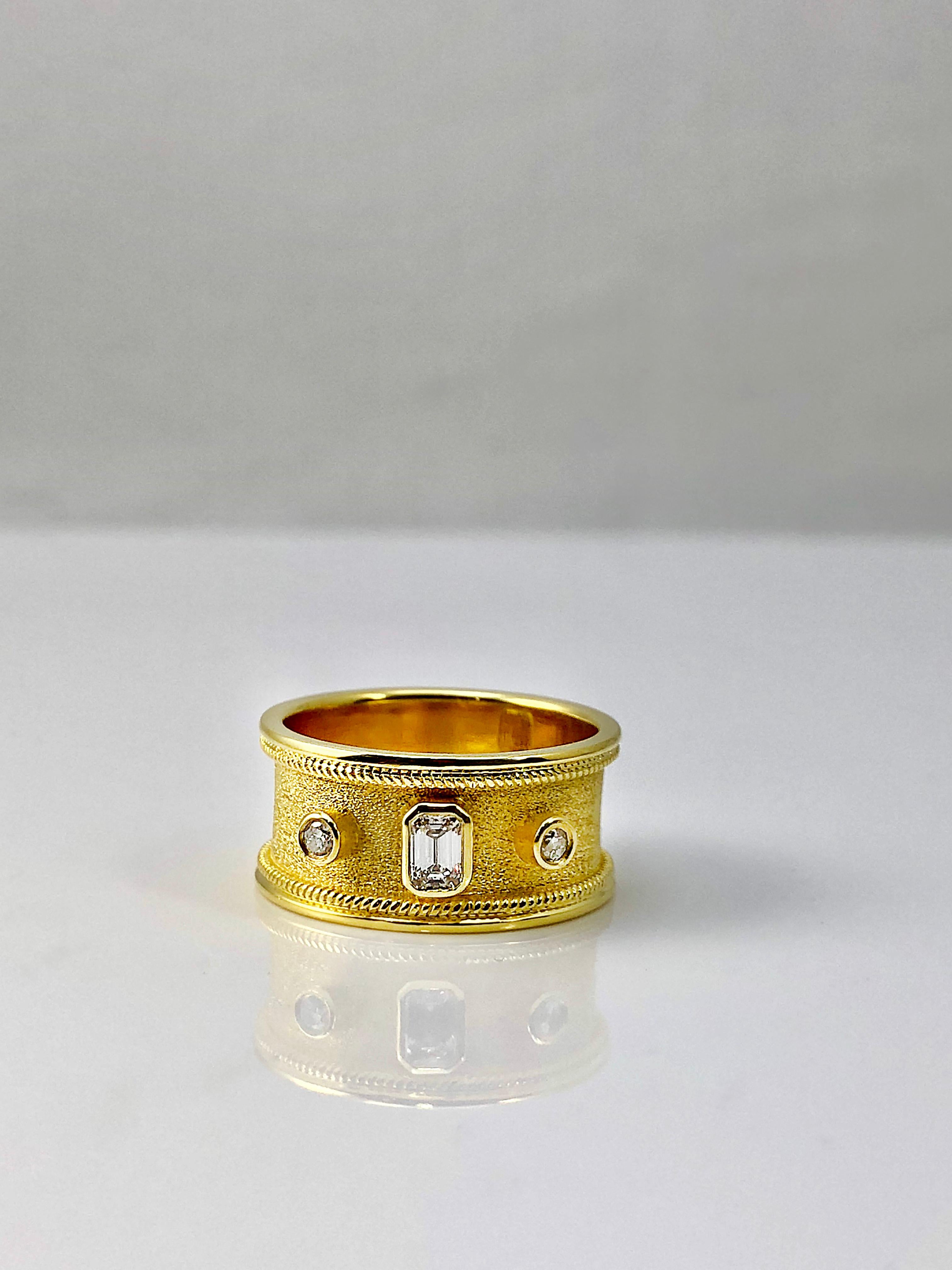 Women's or Men's Georgios Collections 18 Karat Yellow Gold Diamond Band Ring Emerald Cut Diamond For Sale