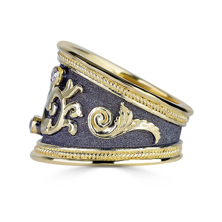 S.Georgios designer ring is all handmade from solid 18 Karat Yellow Gold and custom-made. The beautiful piece is microscopically decorated with gold decorations and Granulated details contrast with a unique Byzantine velvet background finished in