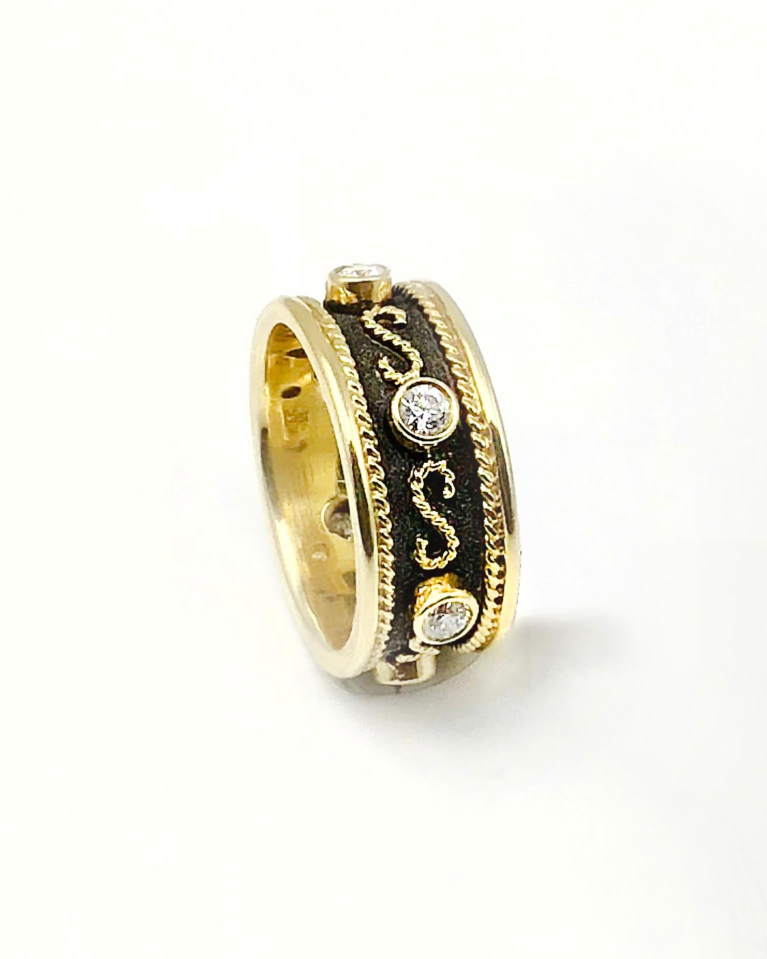 S.Georgios designer Eternity Band Ring is all handmade from solid 18 Karat Yellow Gold and custom-made. The beautiful ring is microscopically decorated all the way around with gold wires and granulated details contrast with Byzantine a unique velvet
