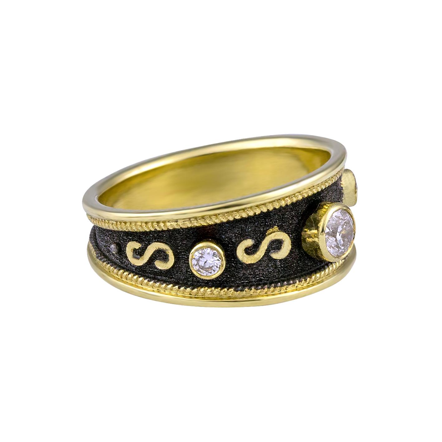 Byzantine Georgios Collections 18 Karat Yellow Gold Diamond Band Ring with Black Rhodium For Sale